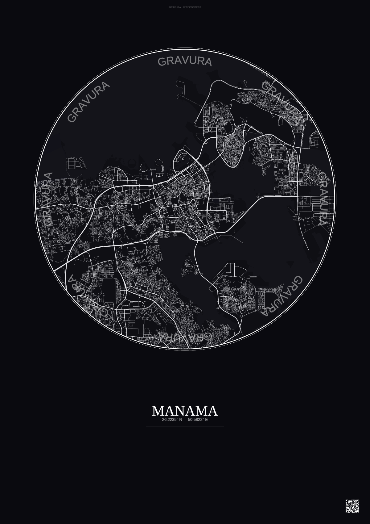 Affiche Manama – Poster carte de ville | Gravura – Fond foncé