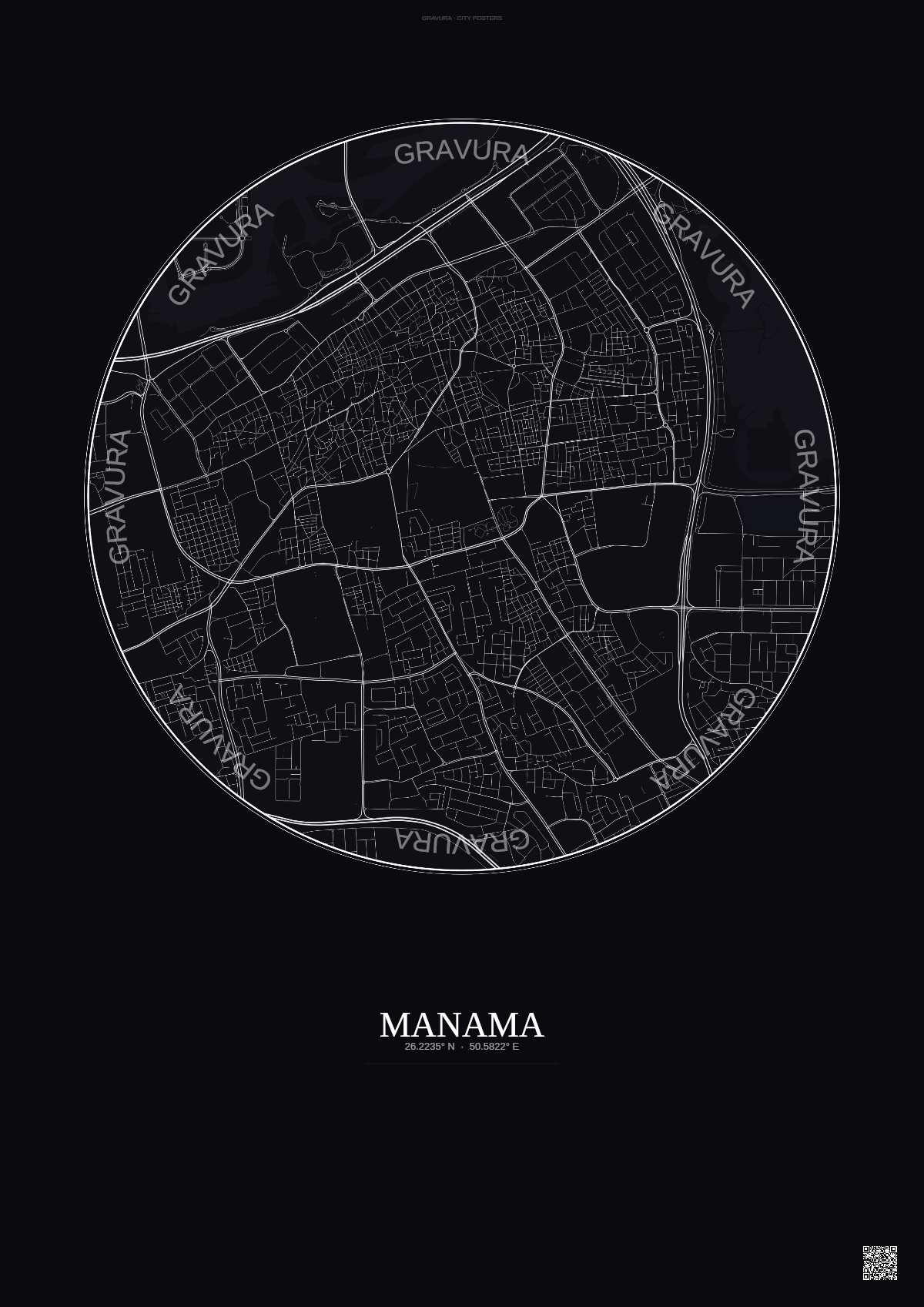 Affiche Manama – Poster carte de ville | Gravura – Fond foncé