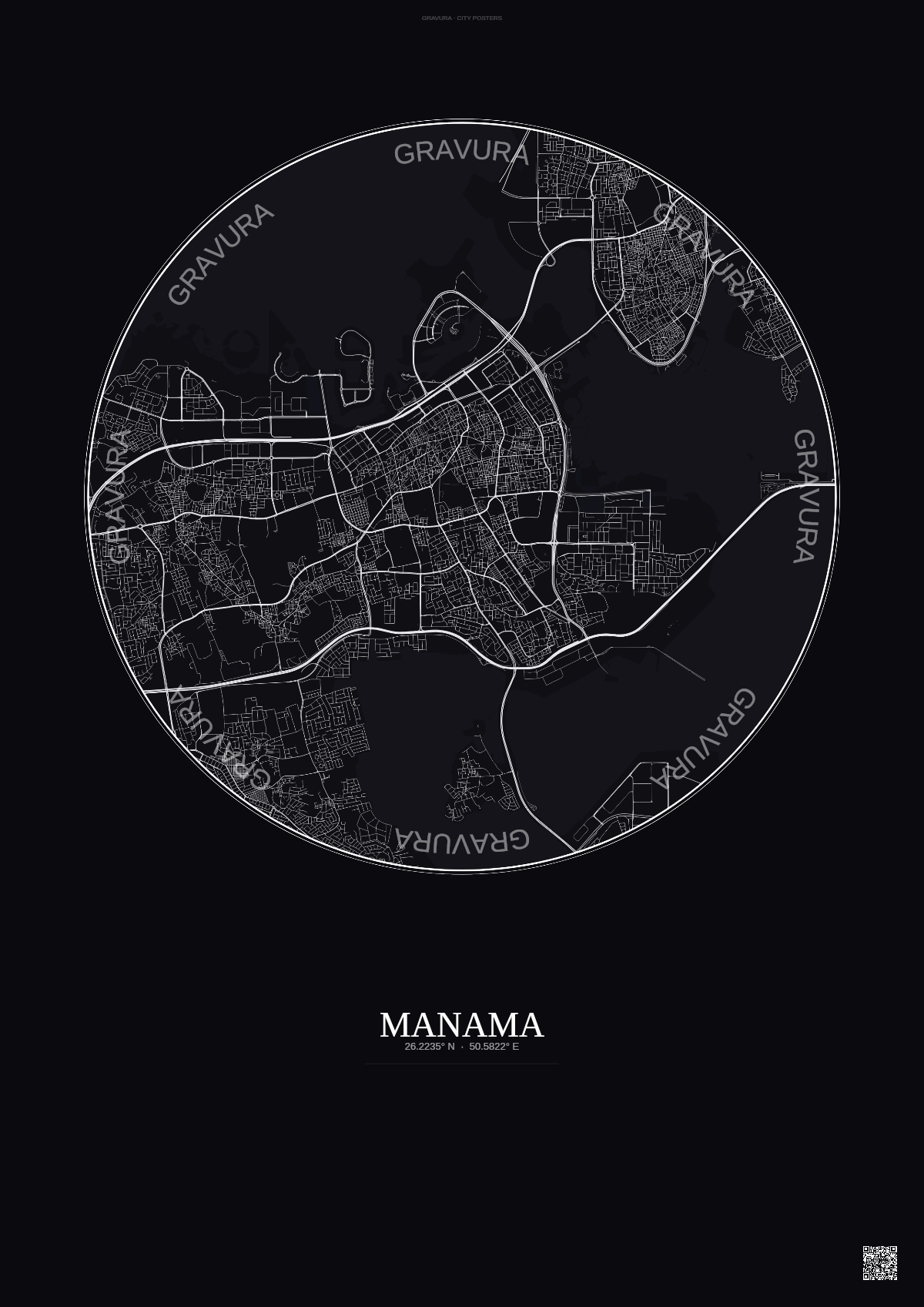Affiche Manama – Poster carte de ville | Gravura – Fond foncé