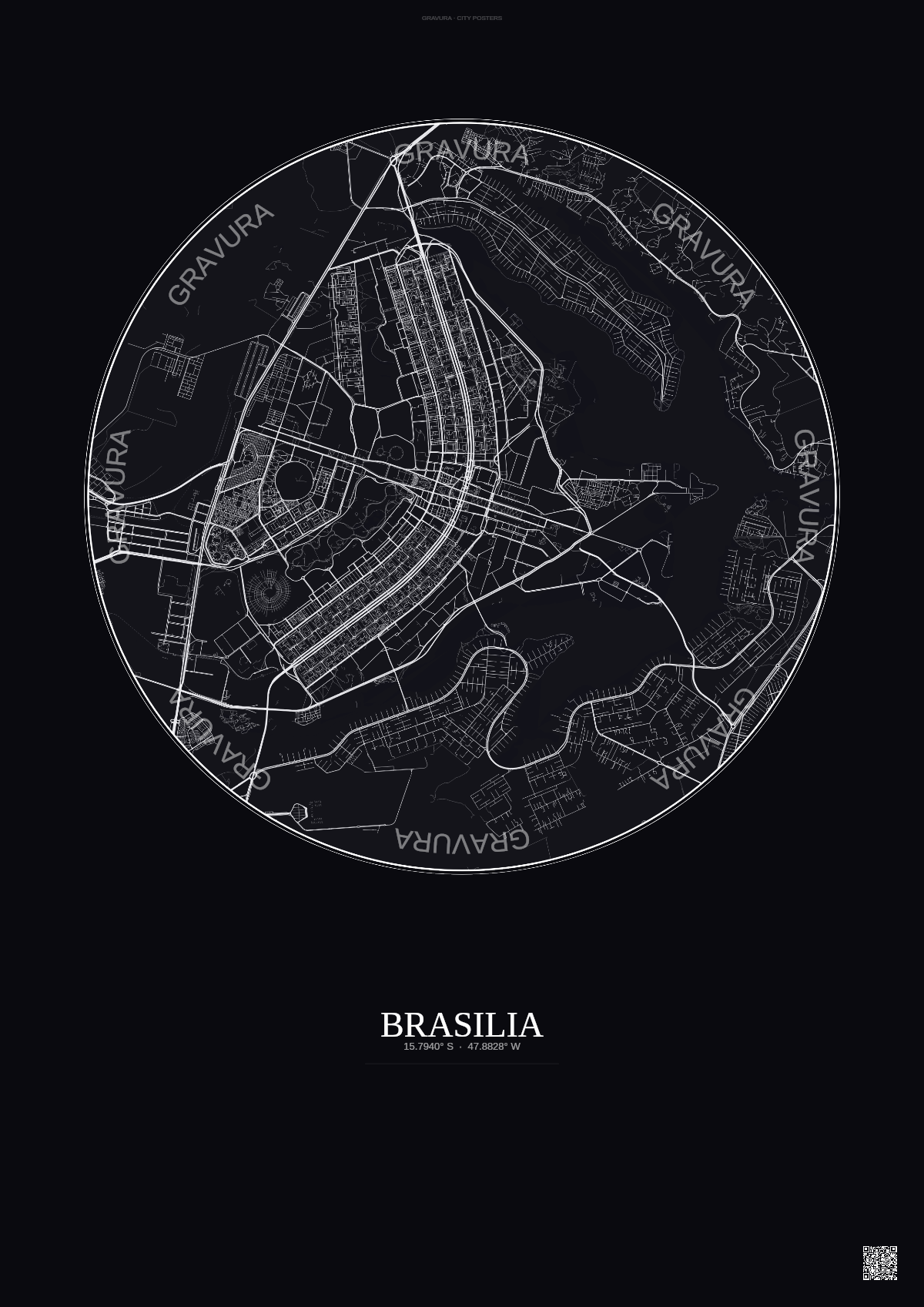 Affiche Brasilia – Poster carte de ville | Gravura – Fond foncé