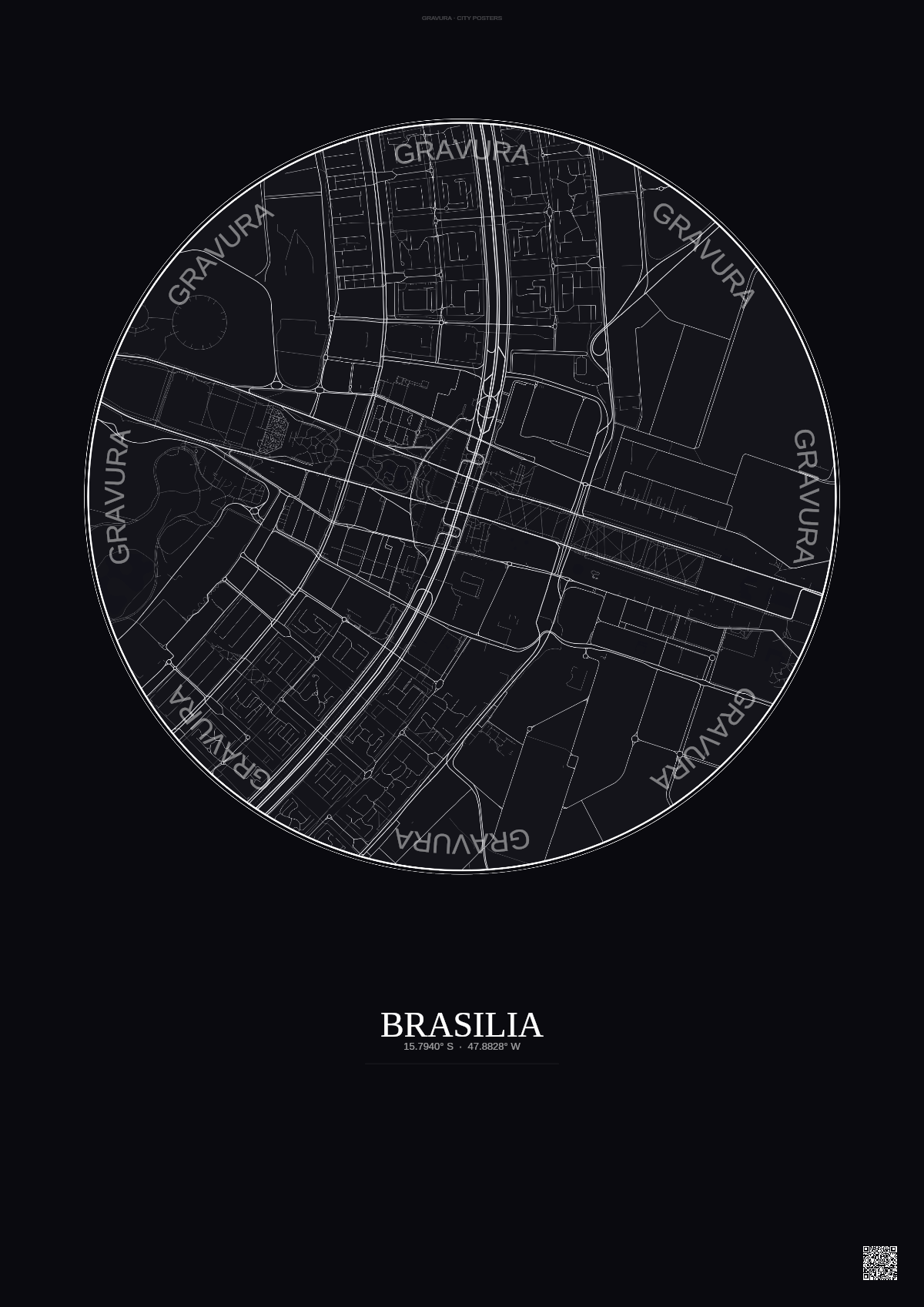 Affiche Brasilia – Poster carte de ville | Gravura – Fond foncé