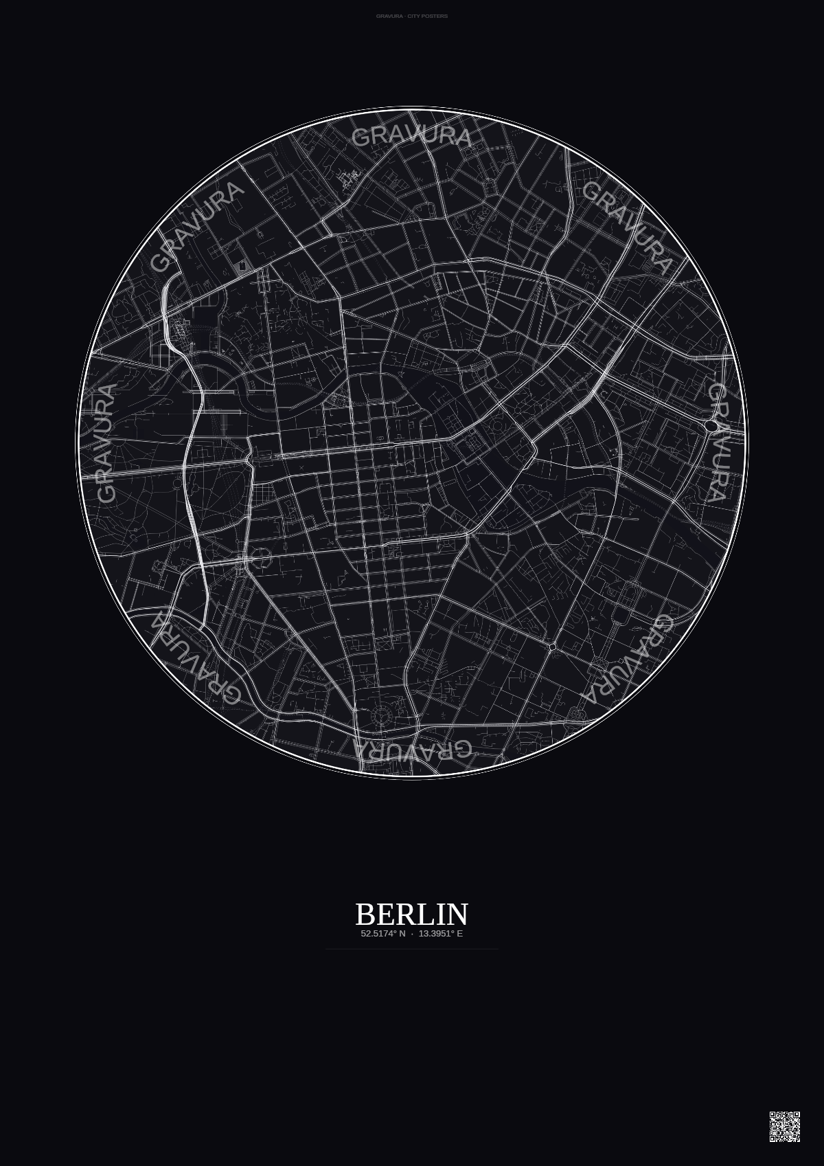Affiche Berlin – Poster carte de ville | Gravura – Fond foncé