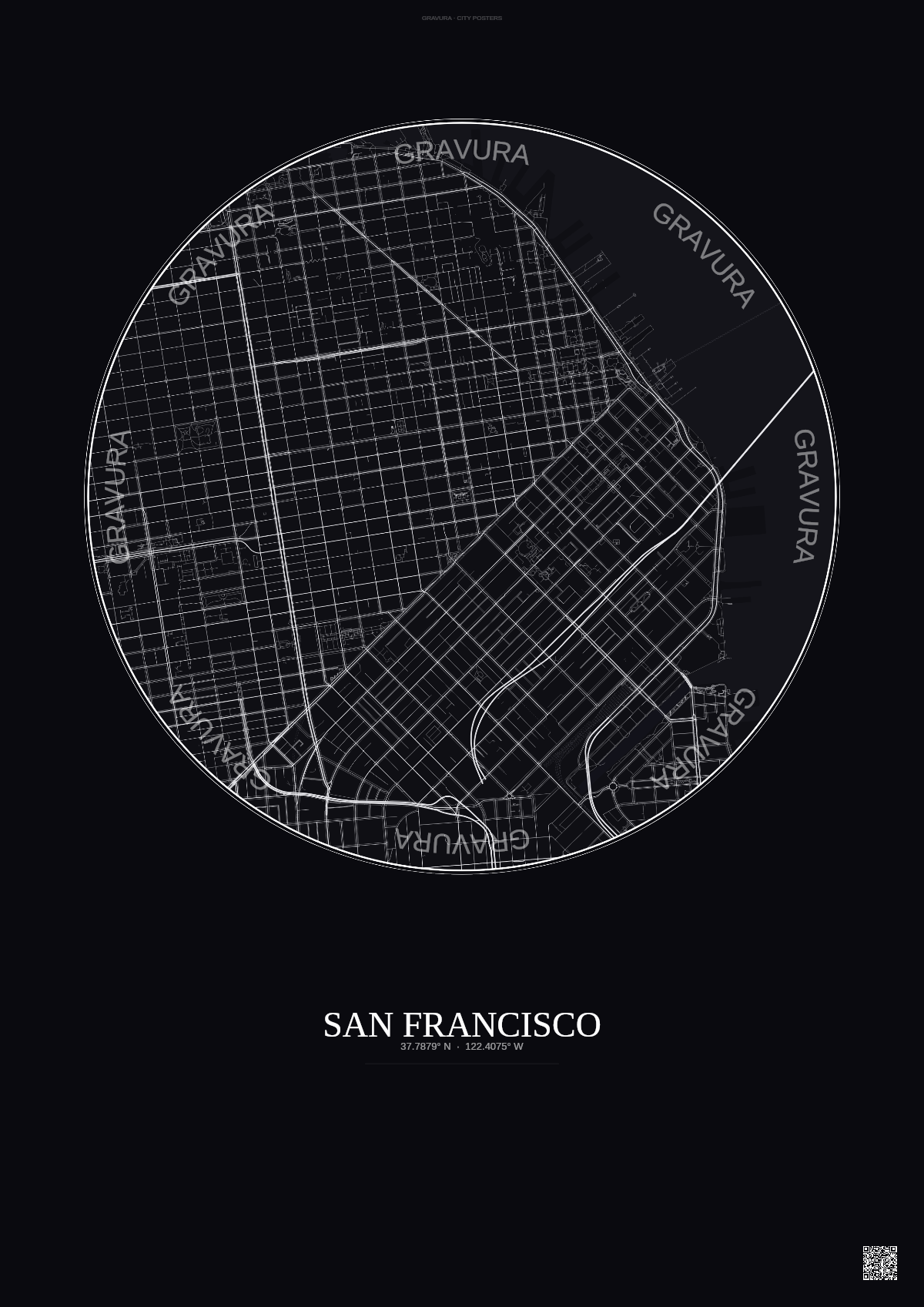 Affiche San Francisco – Poster carte de ville | Gravura – Fond foncé