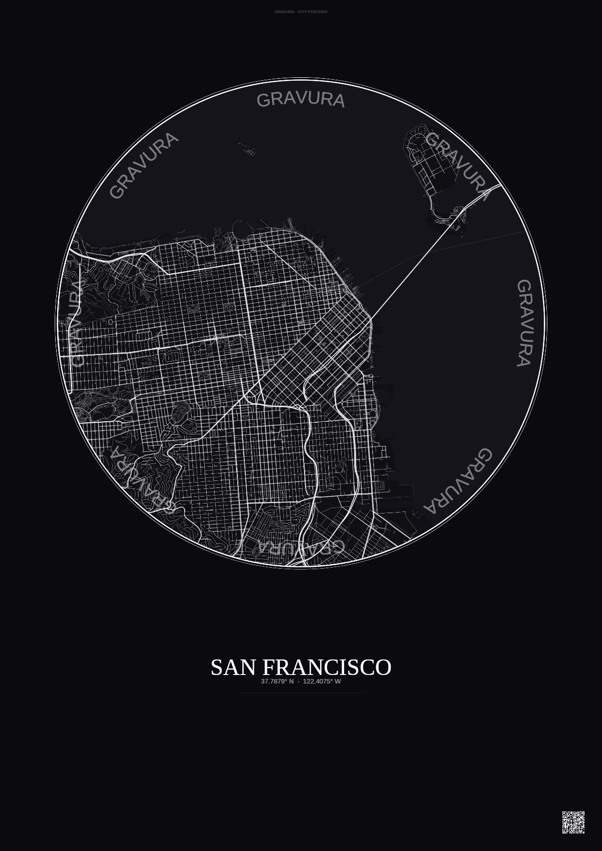 Affiche San Francisco – Poster carte de ville | Gravura – Fond foncé
