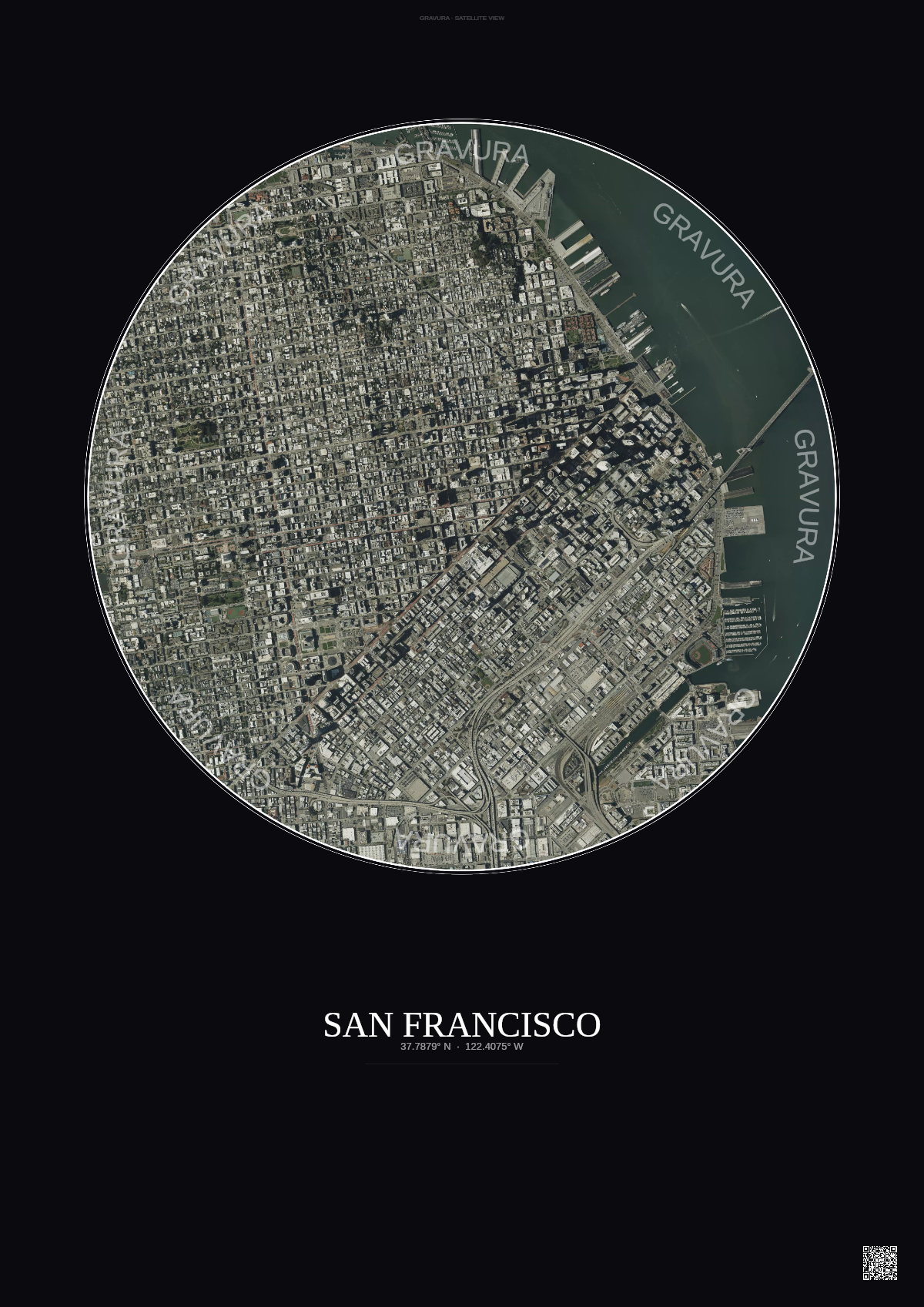 Affiche San Francisco – Poster vue satellite | Gravura – Fond foncé