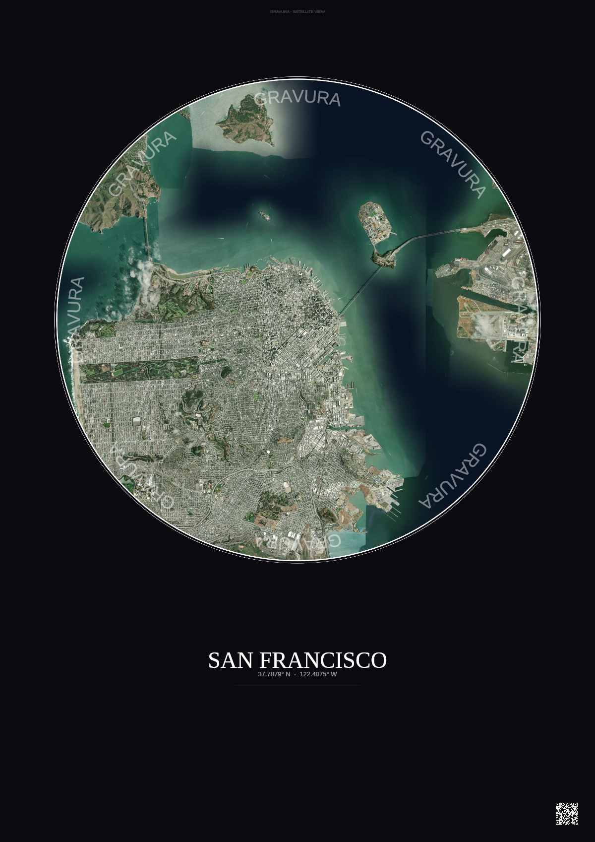 Affiche San Francisco – Poster vue satellite | Gravura – Fond foncé