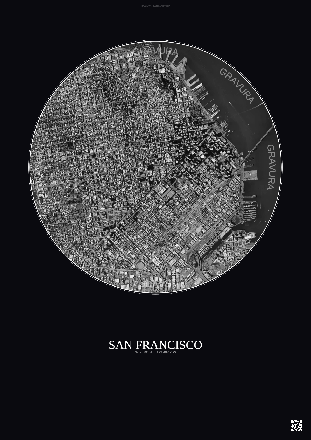 Affiche San Francisco – Poster vue satellite | Gravura – Fond foncé