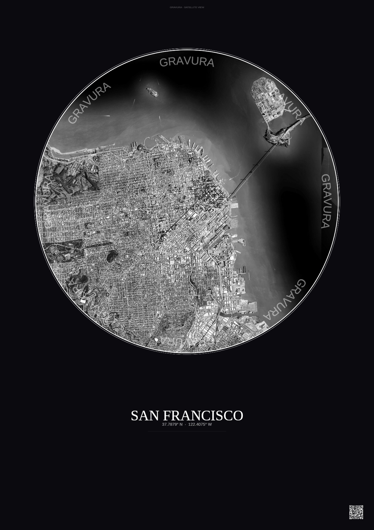 Affiche San Francisco – Poster vue satellite | Gravura – Fond foncé