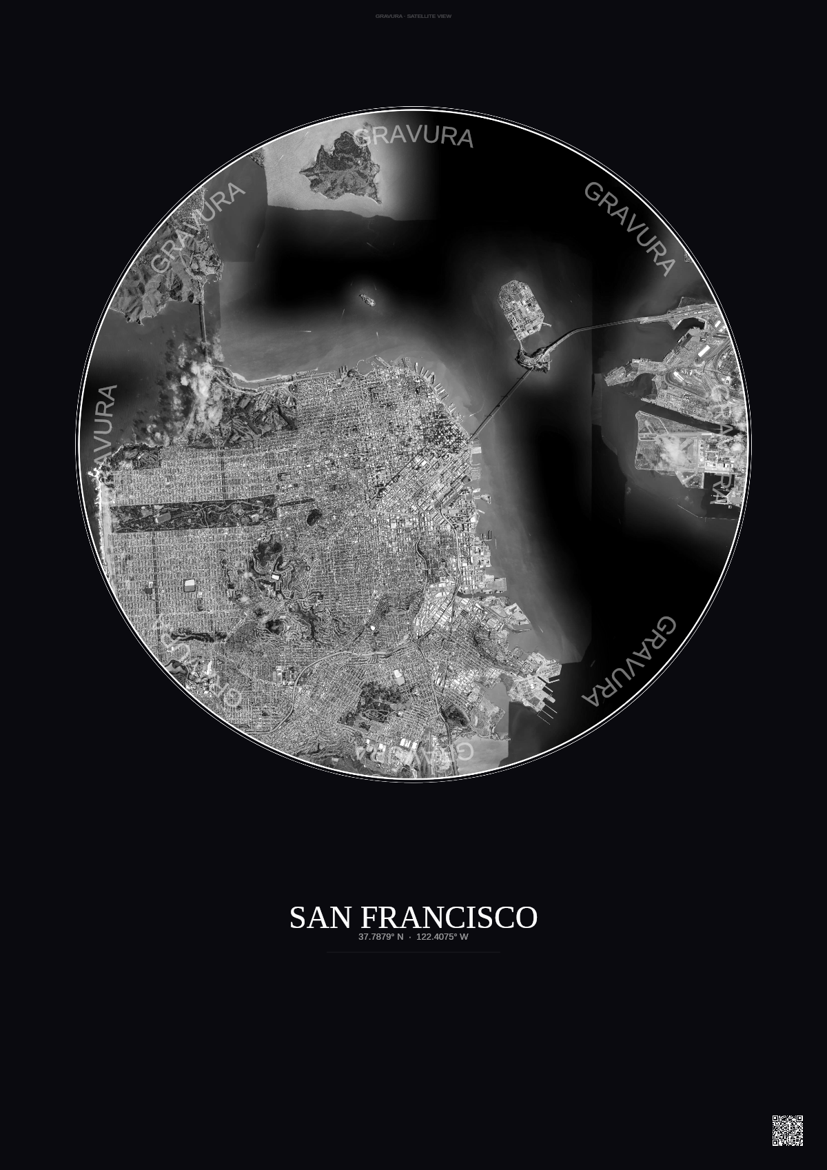 Affiche San Francisco – Poster vue satellite | Gravura – Fond foncé