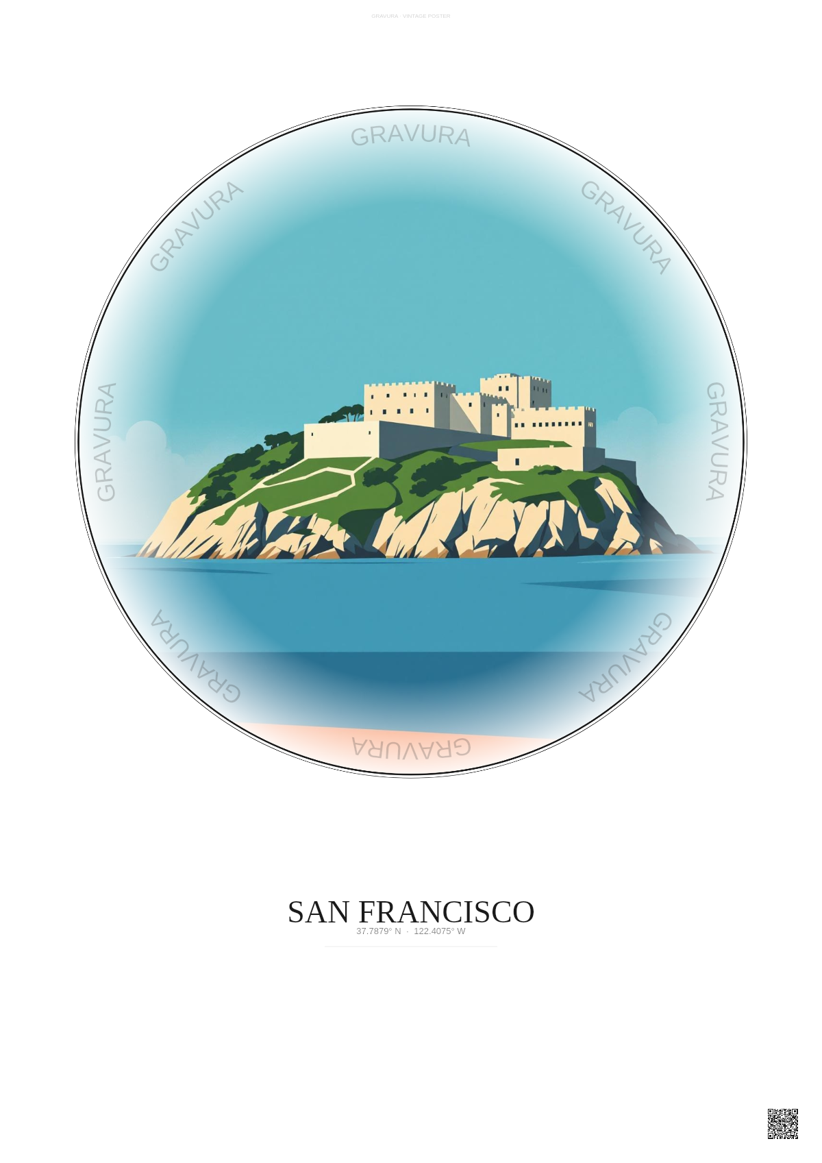 Affiche San Francisco – Poster illustration vintage – Alcatraz Island | Gravura – Fond clair