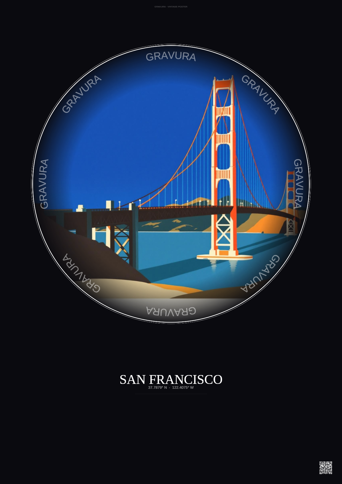 Affiche San Francisco – Poster illustration vintage – Golden Gate Bridge | Gravura – Fond foncé