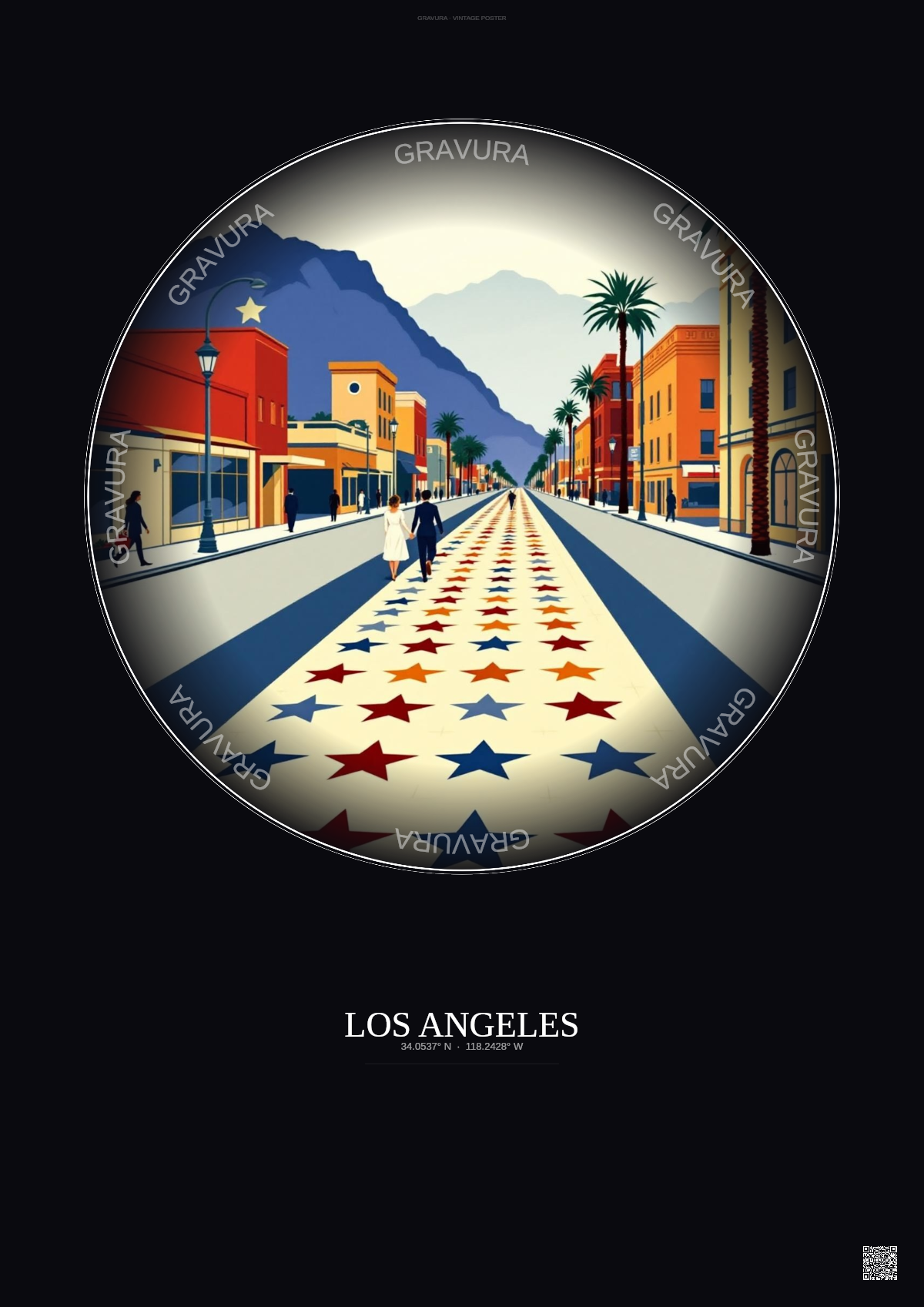 Affiche Los Angeles – Poster illustration vintage – Hollywood Walk Of Fame | Gravura – Fond foncé