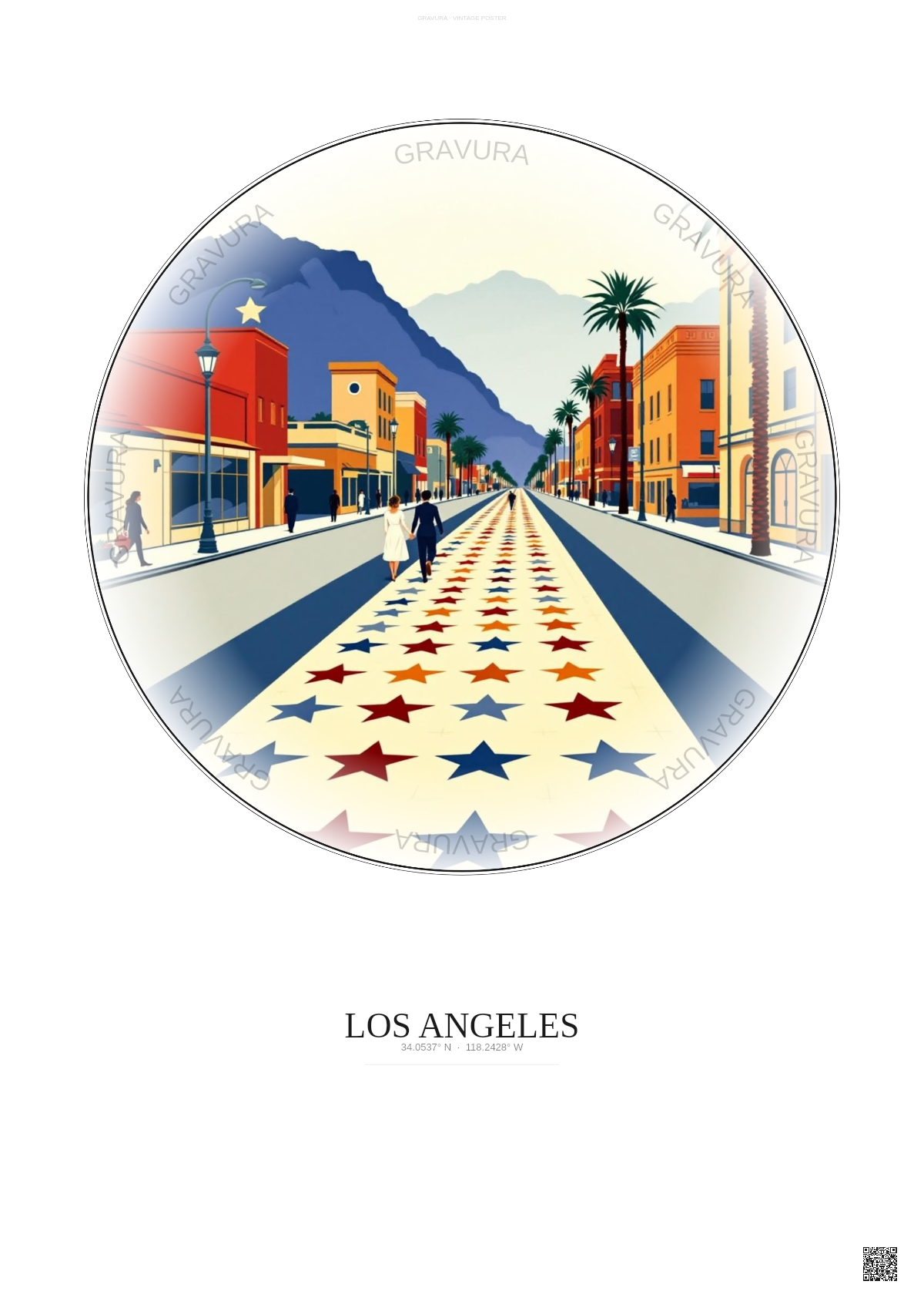 Affiche Los Angeles – Poster illustration vintage – Hollywood Walk Of Fame | Gravura – Fond clair
