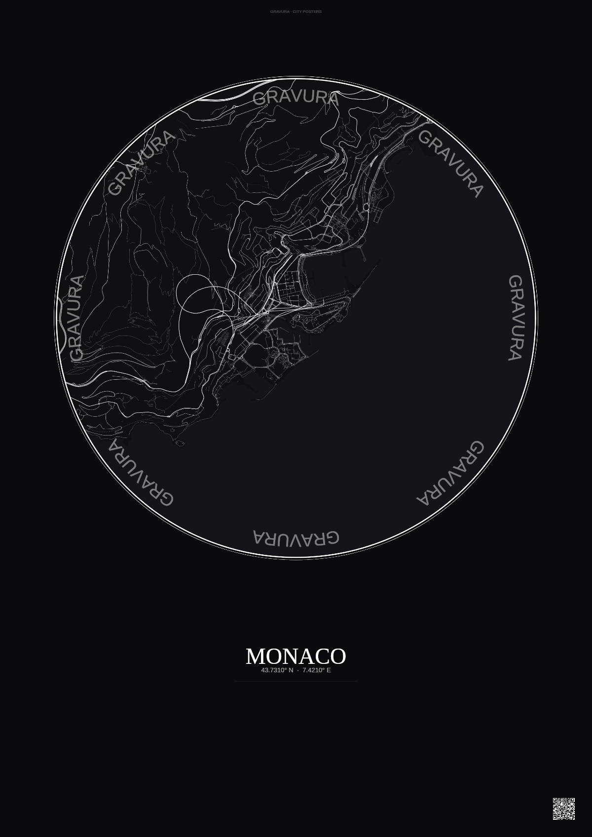 Affiche Monaco – Poster carte de ville | Gravura – Fond foncé