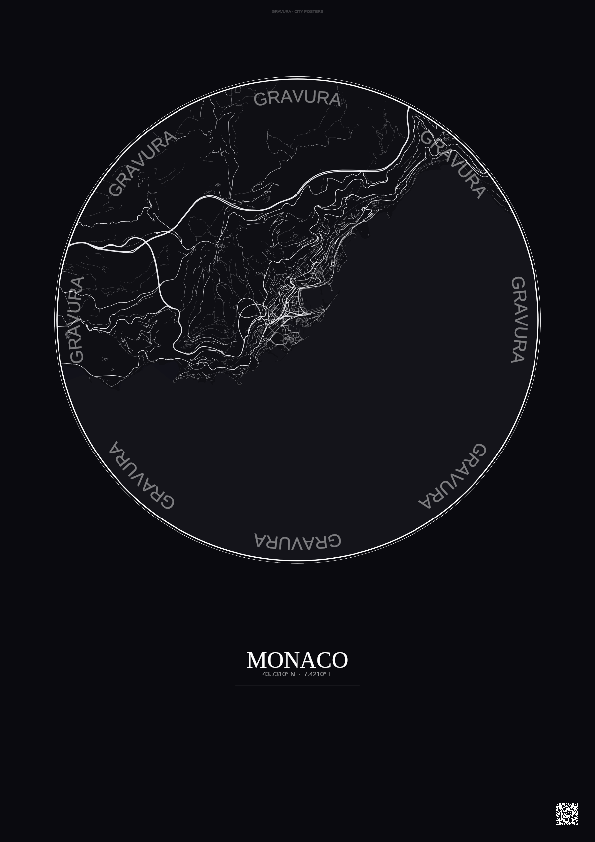 Affiche Monaco – Poster carte de ville | Gravura – Fond foncé
