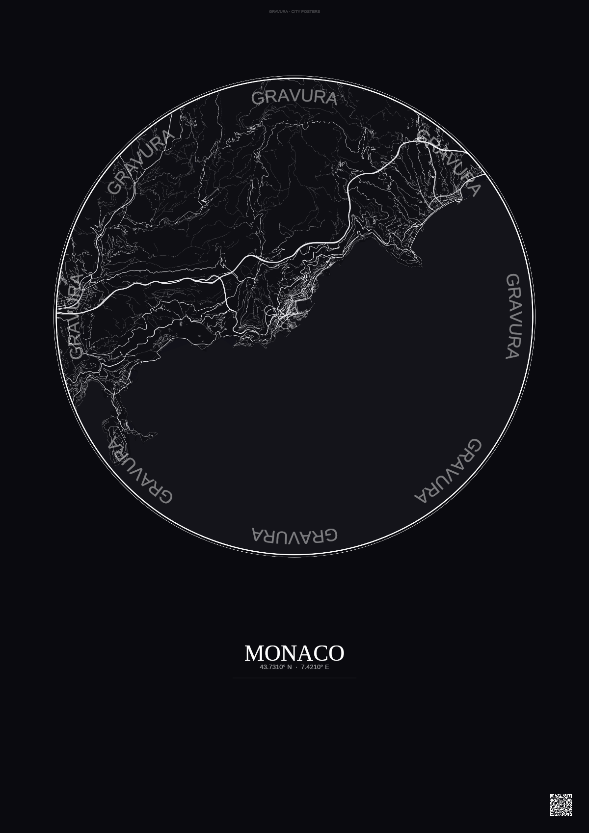 Affiche Monaco – Poster carte de ville | Gravura – Fond foncé