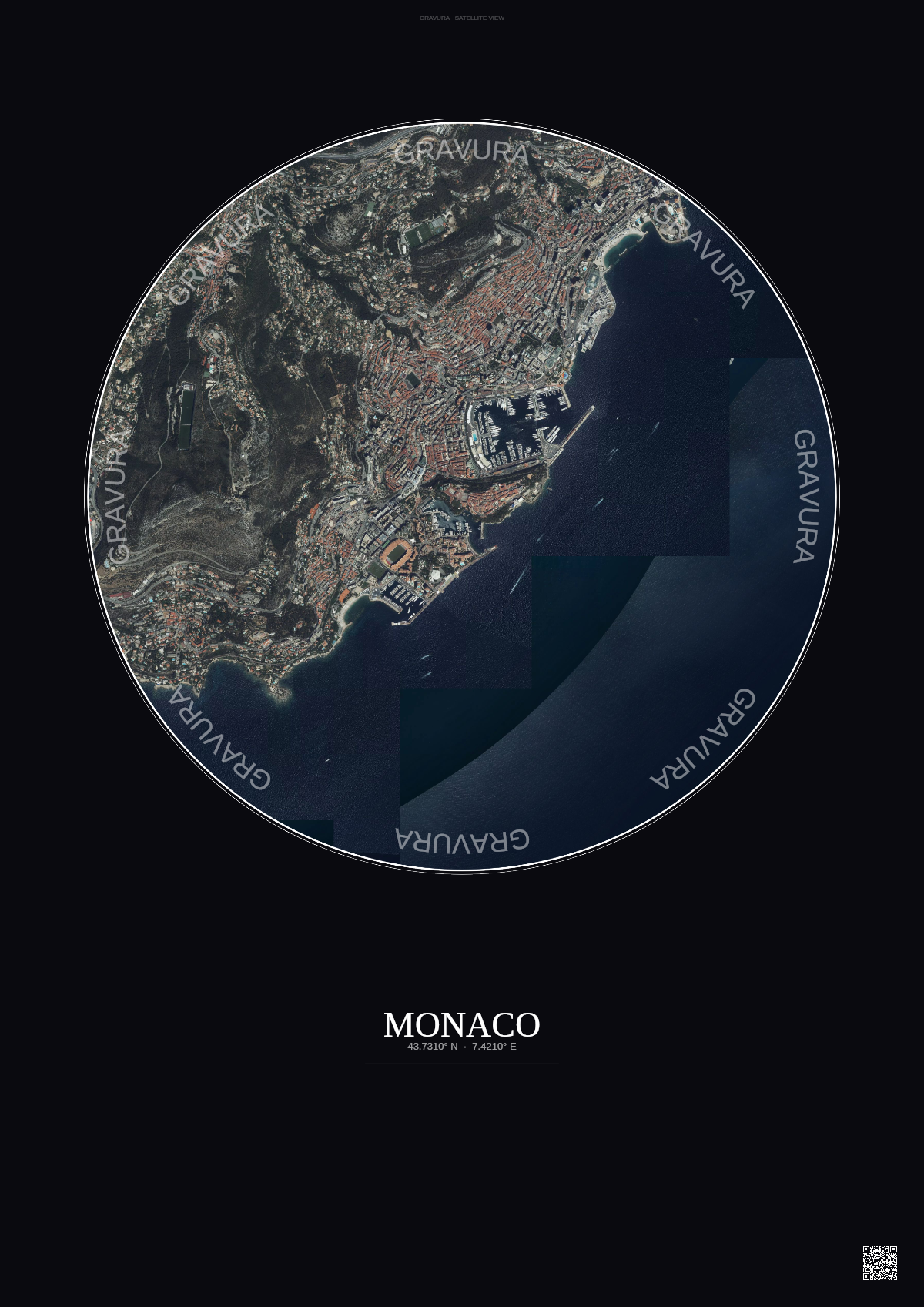 Affiche Monaco – Poster vue satellite | Gravura – Fond foncé