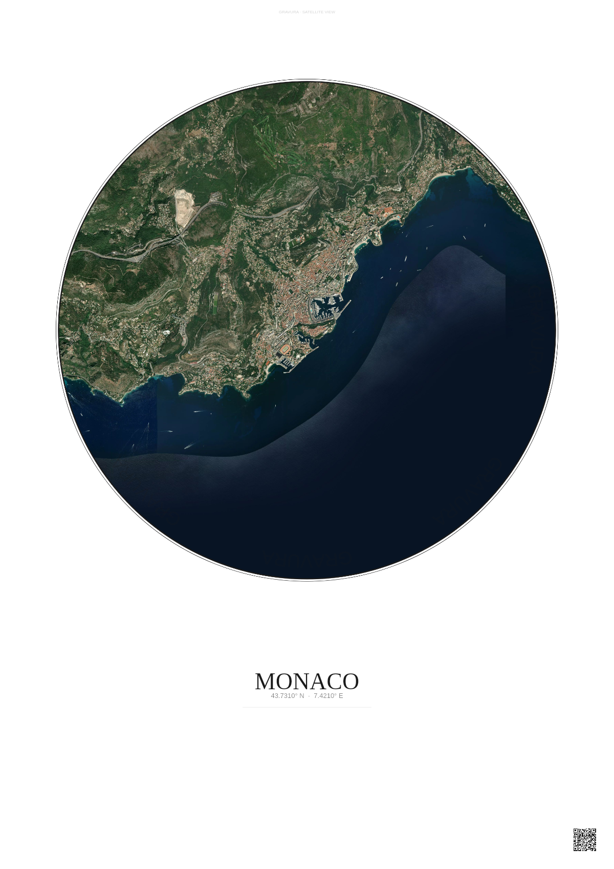 Affiche Monaco – Poster vue satellite | Gravura – Fond clair