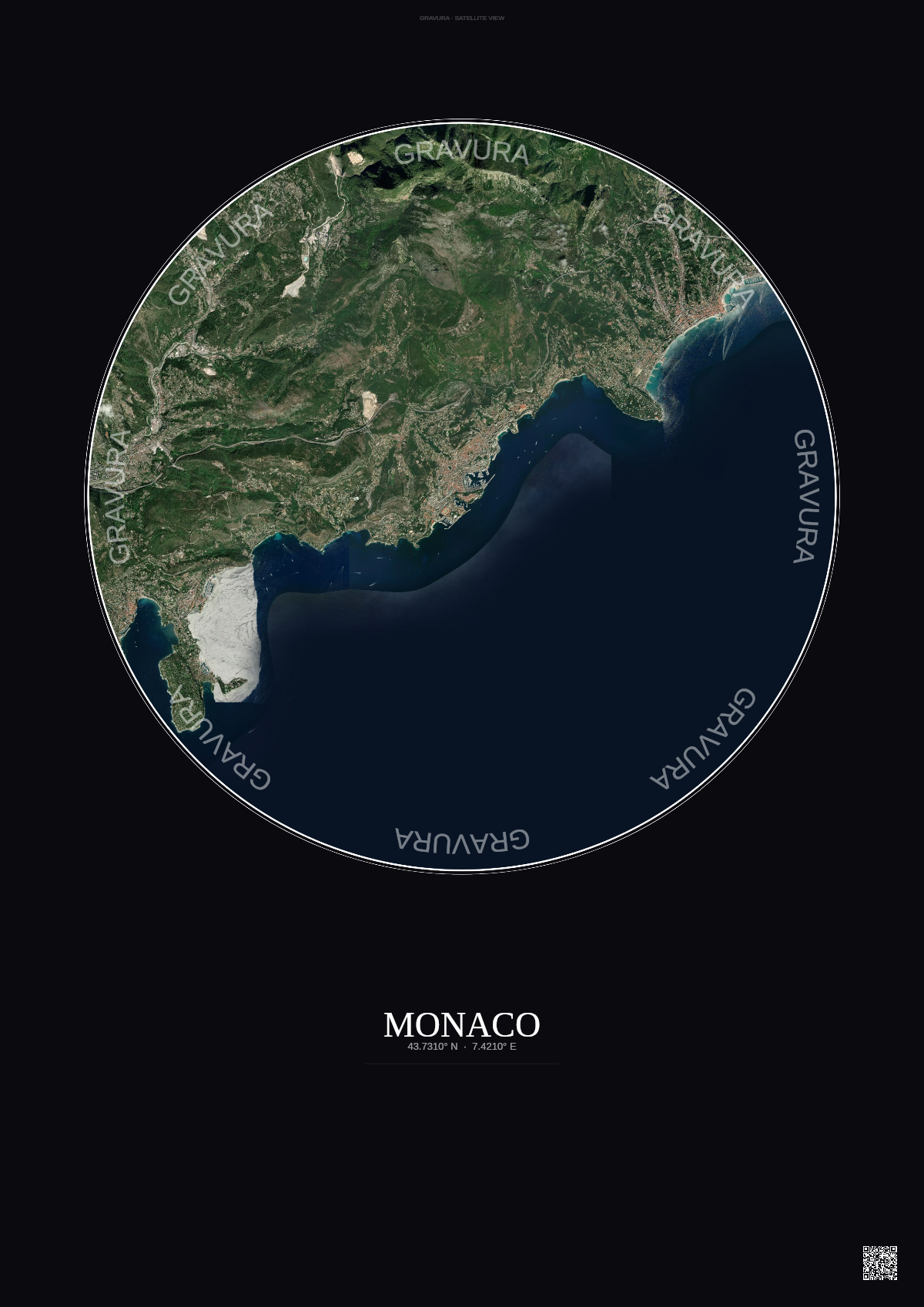 Affiche Monaco – Poster vue satellite | Gravura – Fond foncé