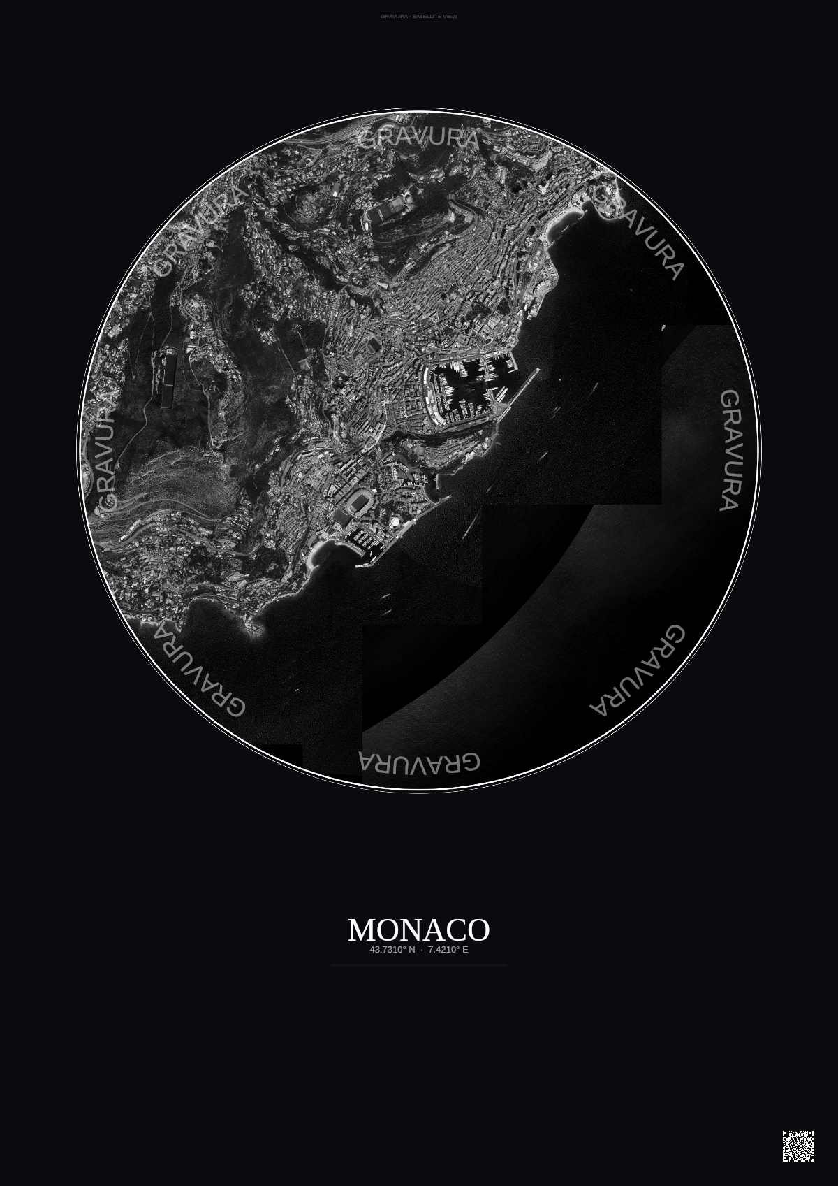 Affiche Monaco – Poster vue satellite | Gravura – Fond foncé