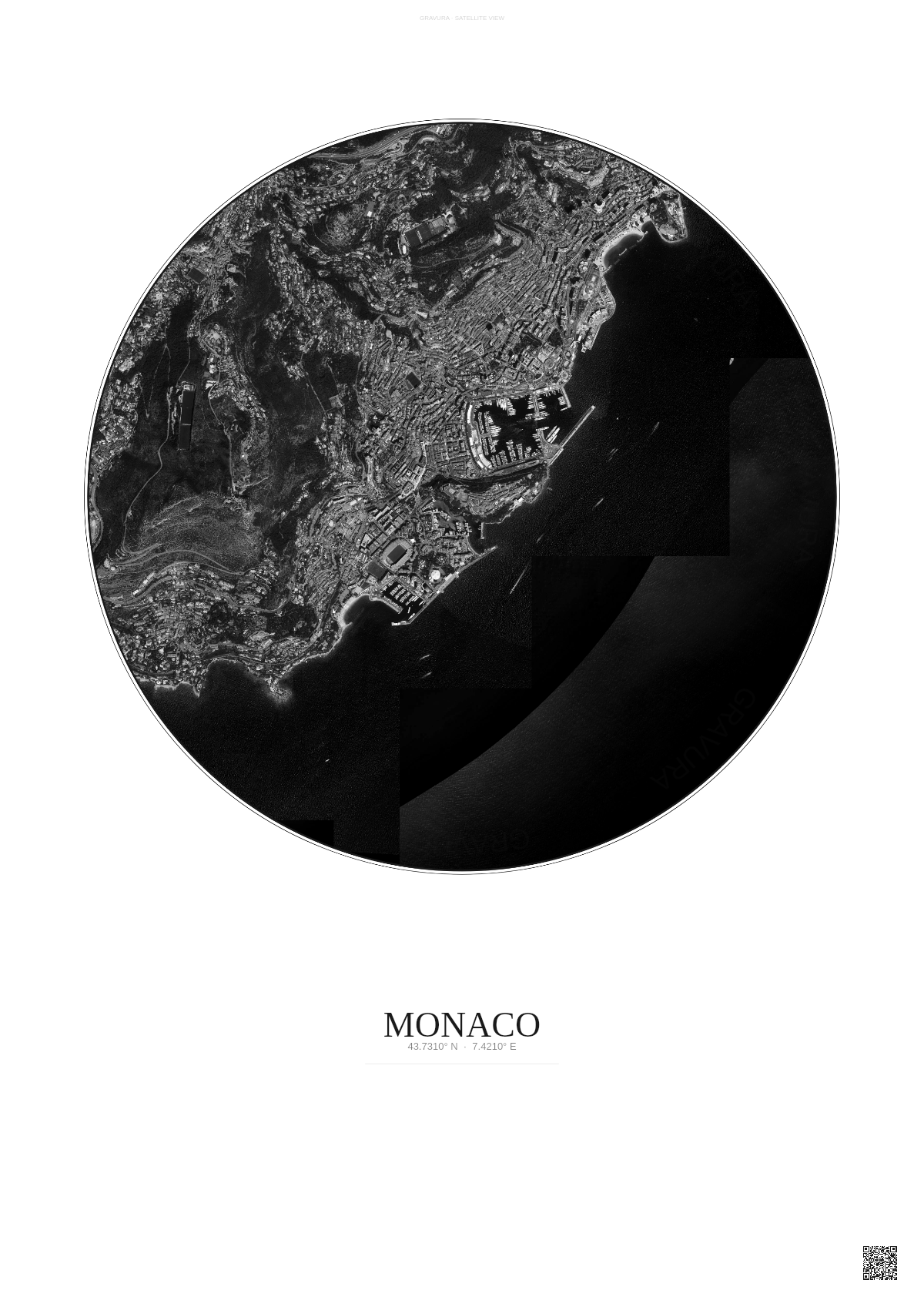 Affiche Monaco – Poster vue satellite | Gravura – Fond clair