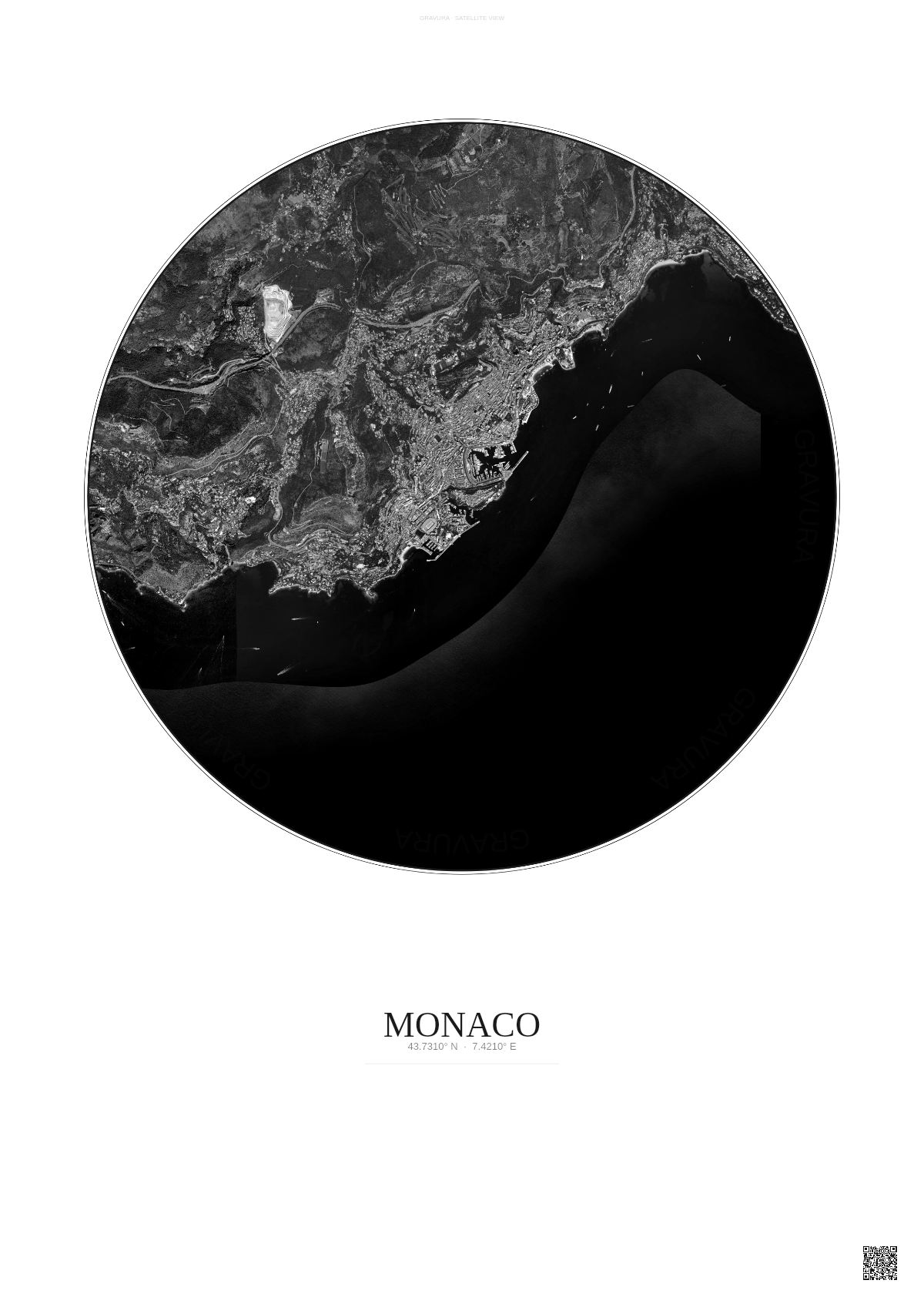 Affiche Monaco – Poster vue satellite | Gravura – Fond clair