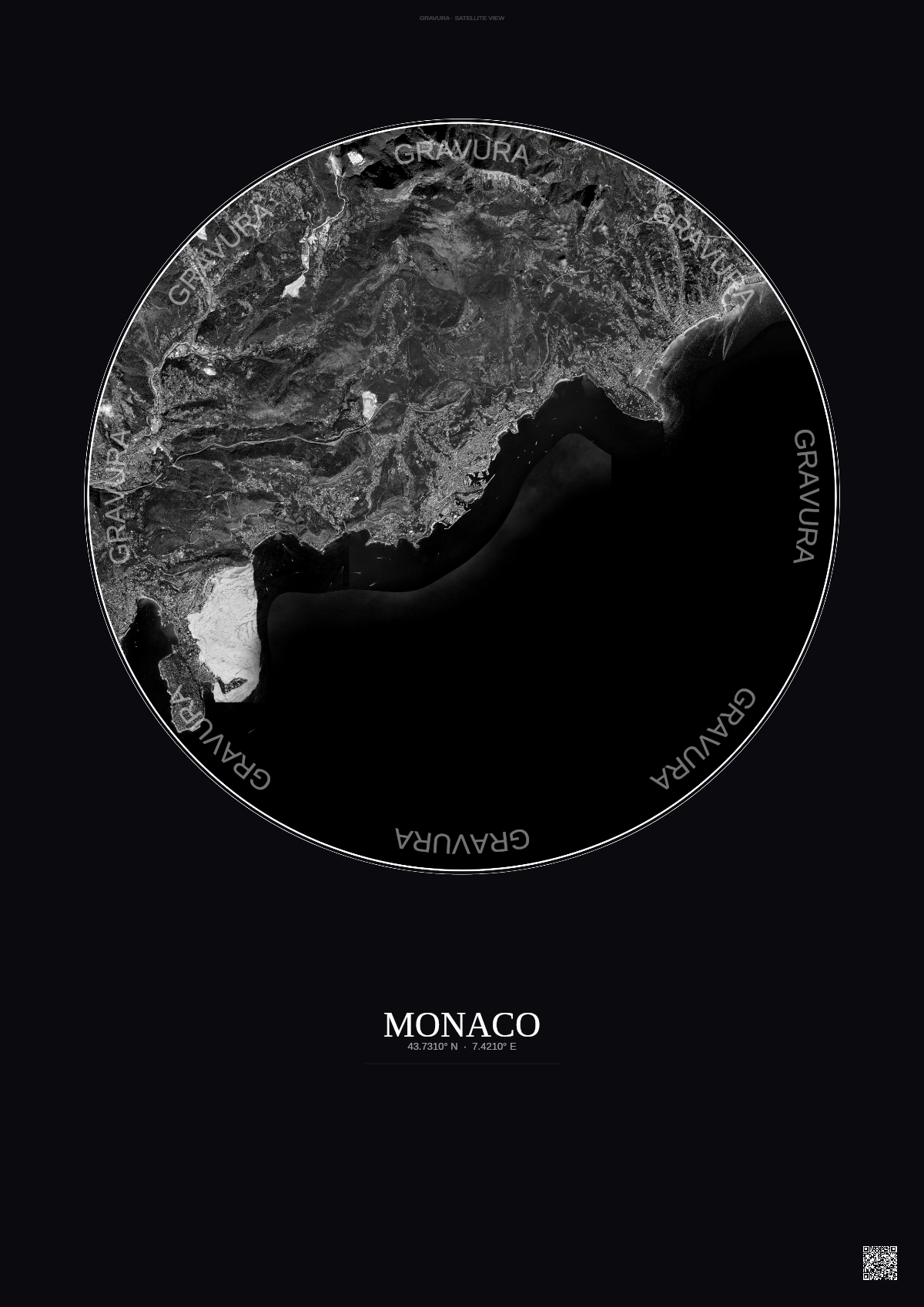 Affiche Monaco – Poster vue satellite | Gravura – Fond foncé
