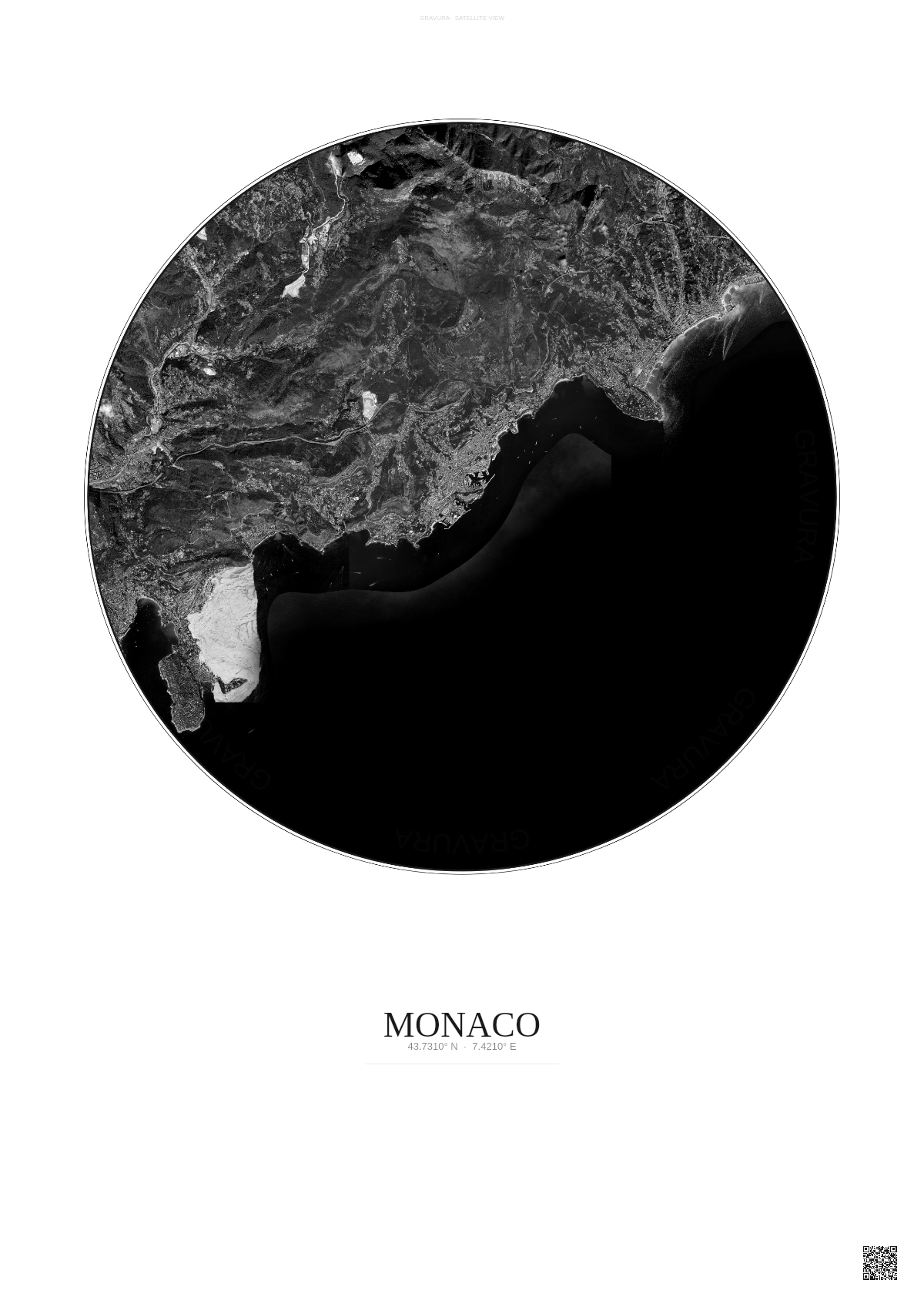 Affiche Monaco – Poster vue satellite | Gravura – Fond clair