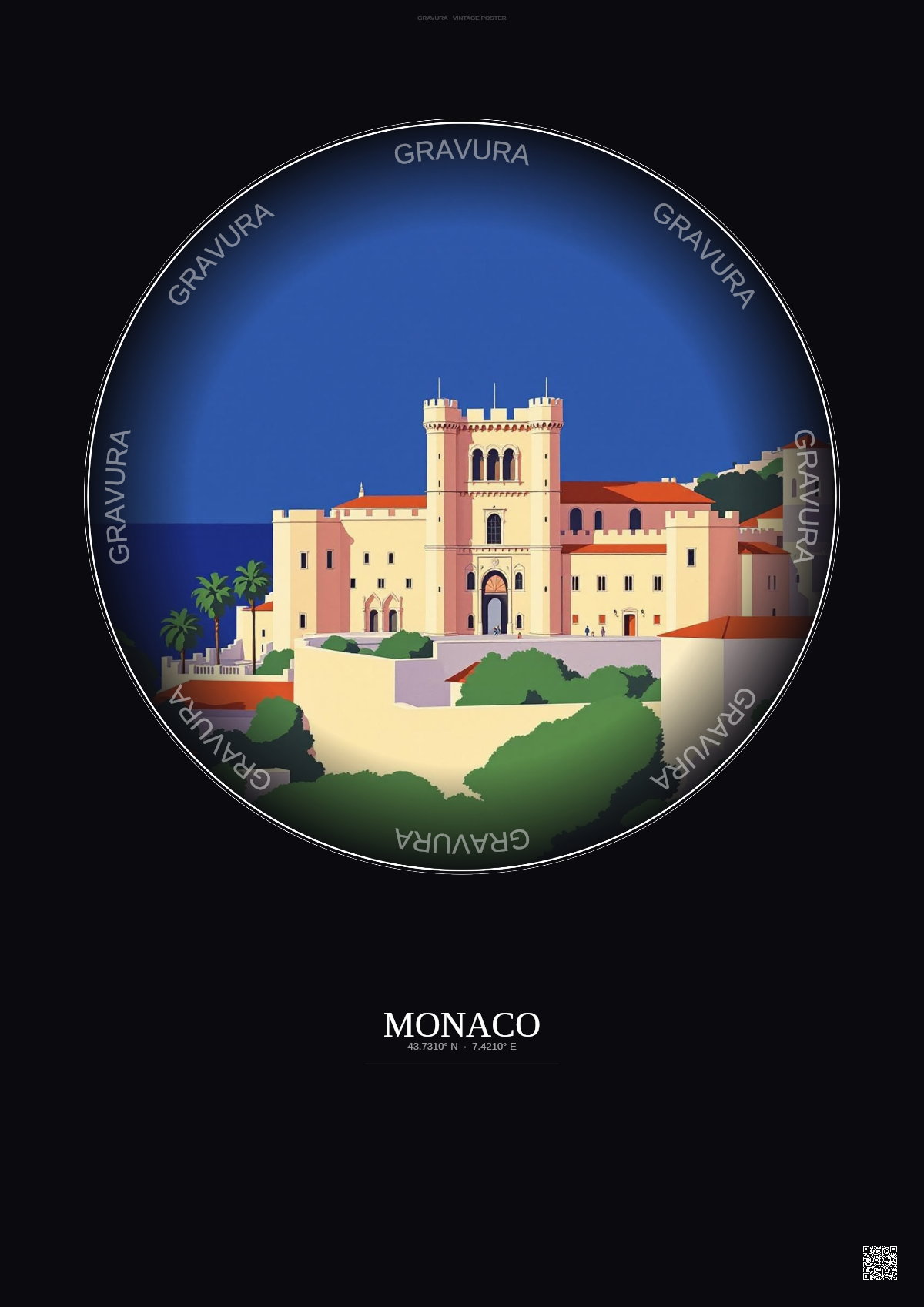 Affiche Monaco – Poster illustration vintage – Prince S Palace | Gravura – Fond foncé
