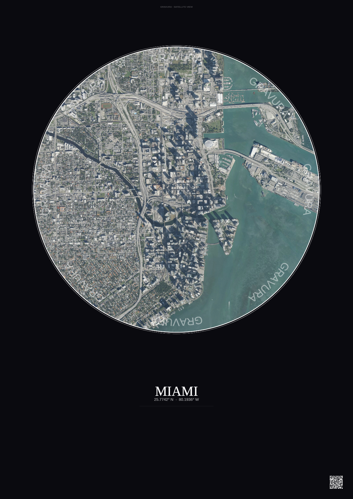 Affiche Miami – Poster vue satellite | Gravura – Fond foncé