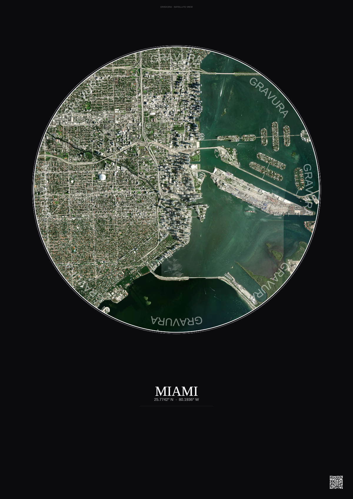 Affiche Miami – Poster vue satellite | Gravura – Fond foncé