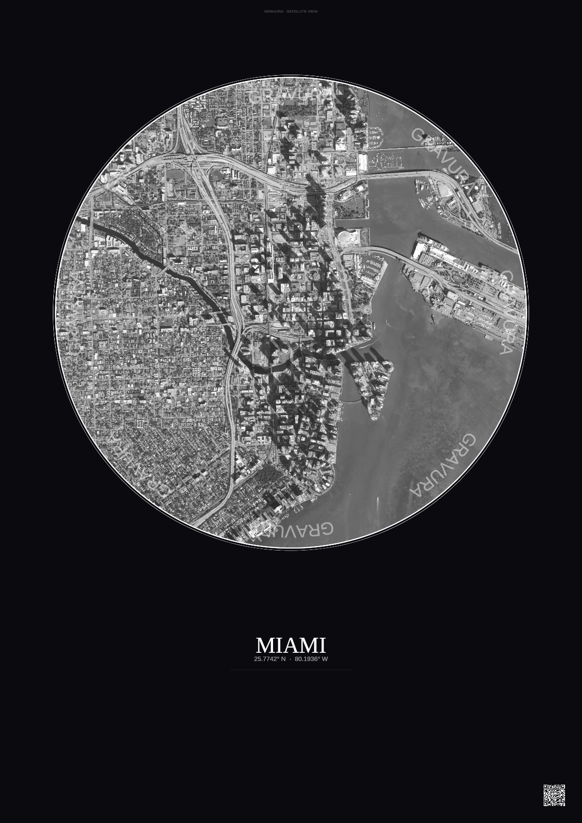 Affiche Miami – Poster vue satellite | Gravura – Fond foncé