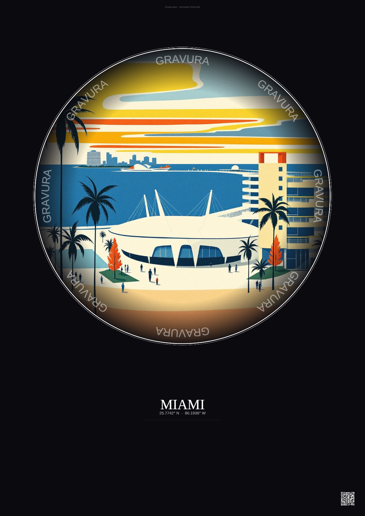 Affiche Miami – Poster illustration vintage – Kaseya Center | Gravura – Fond foncé