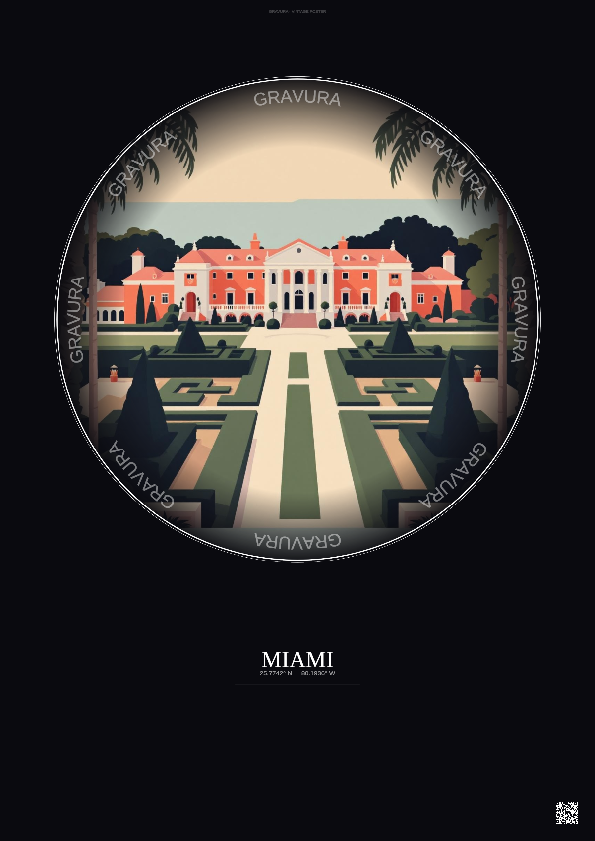 Affiche Miami – Poster illustration vintage – Vizcaya Museum And Gardens | Gravura – Fond foncé