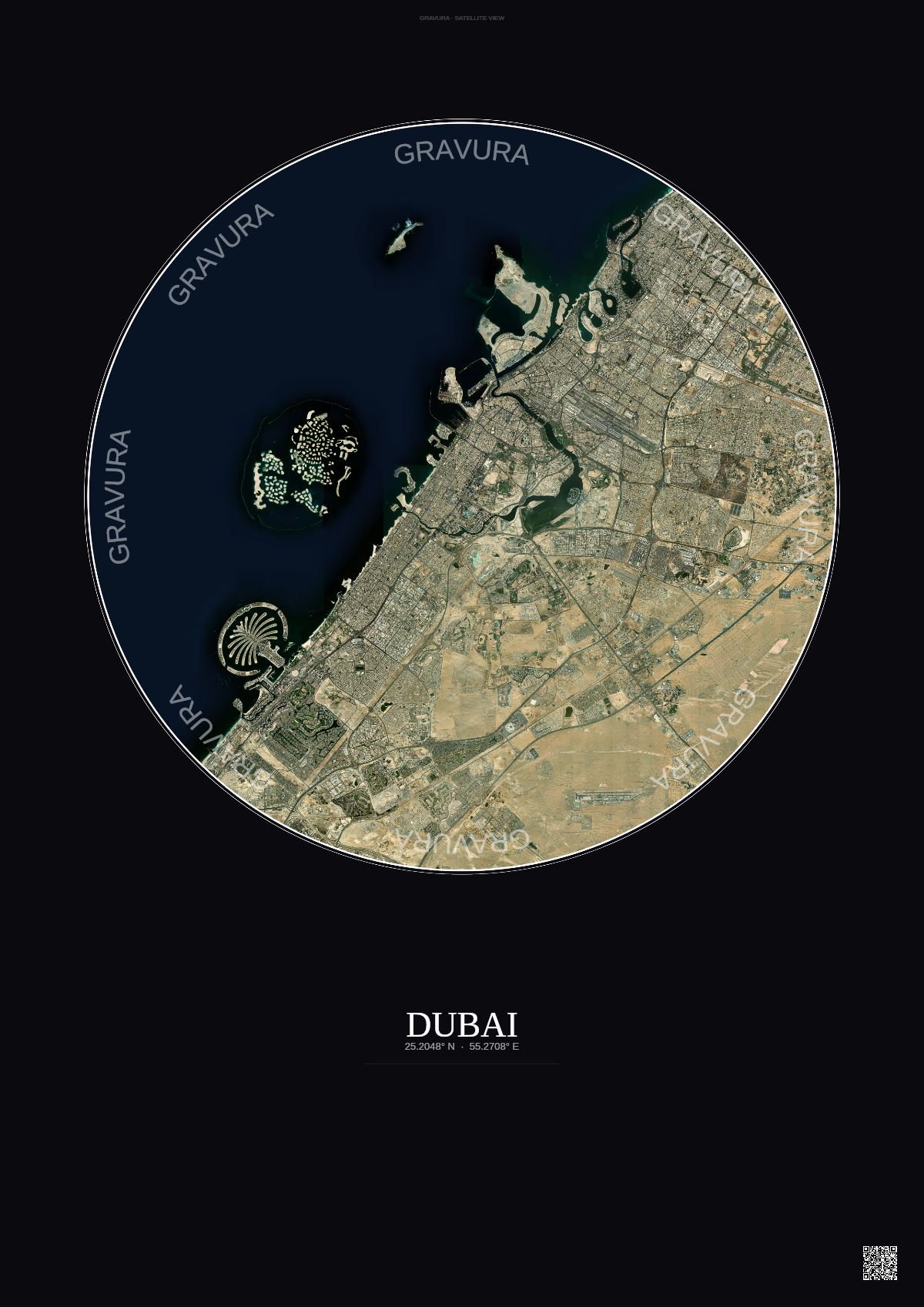 Affiche Dubai – Poster vue satellite | Gravura – Fond foncé