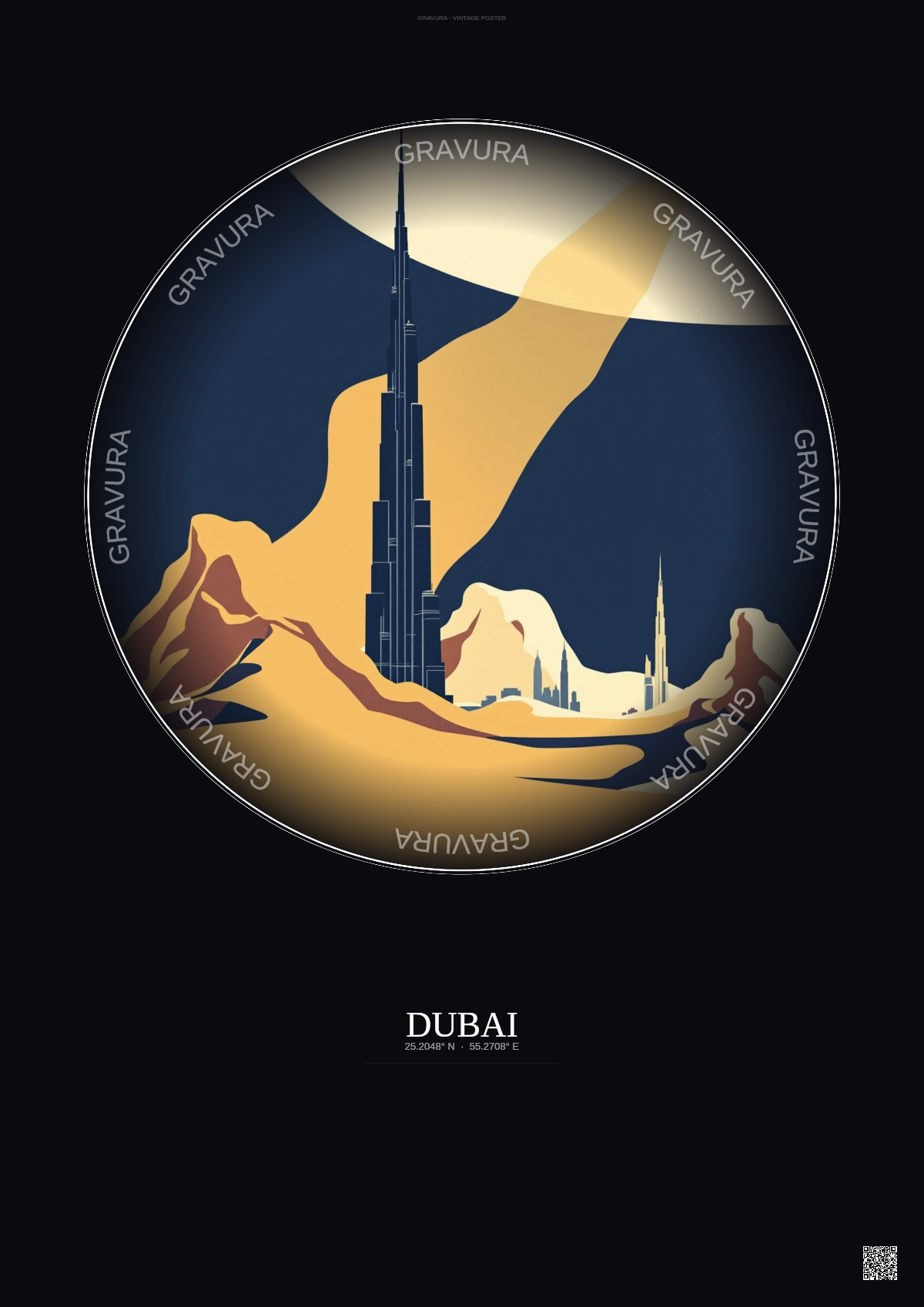 Affiche Dubai – Poster illustration vintage – Burj Khalifa | Gravura – Fond foncé
