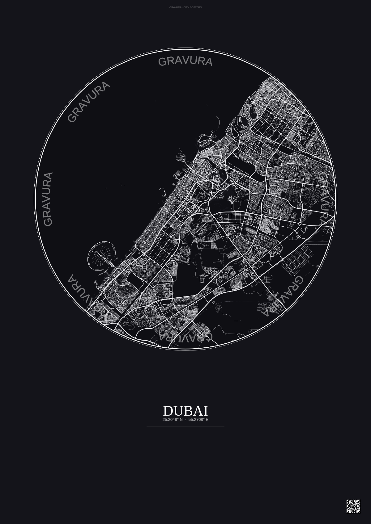 Affiche Dubai – Poster carte de ville 25km | Gravura – Fond foncé