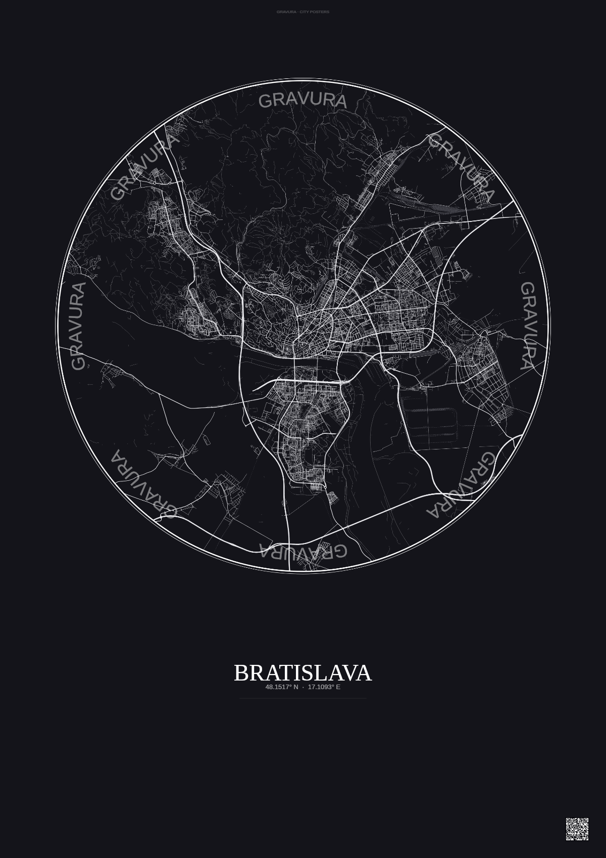 Affiche Bratislava – Poster carte de ville 10km | Gravura – Fond foncé