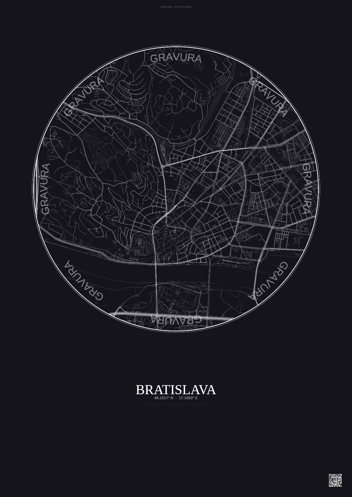 Affiche Bratislava – Poster carte de ville 2.5km | Gravura – Fond foncé