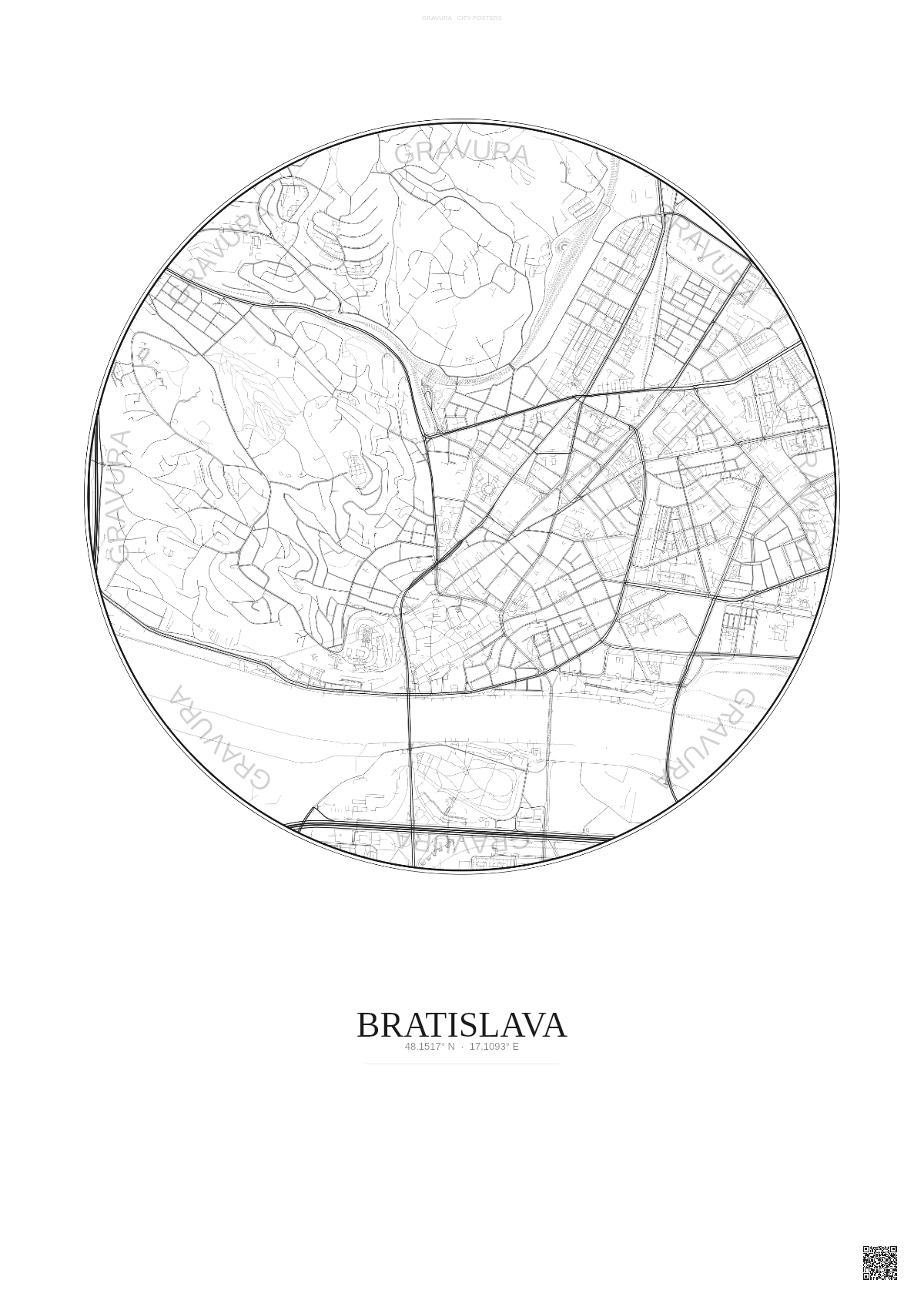 Affiche Bratislava – Poster carte de ville 2.5km | Gravura – Fond clair