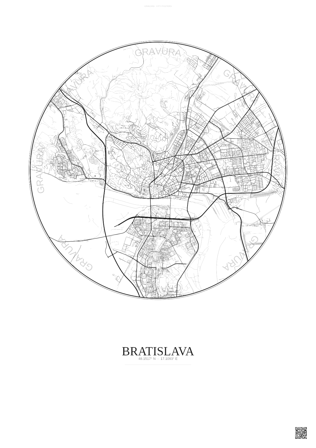 Affiche Bratislava – Poster carte de ville 6km | Gravura – Fond clair