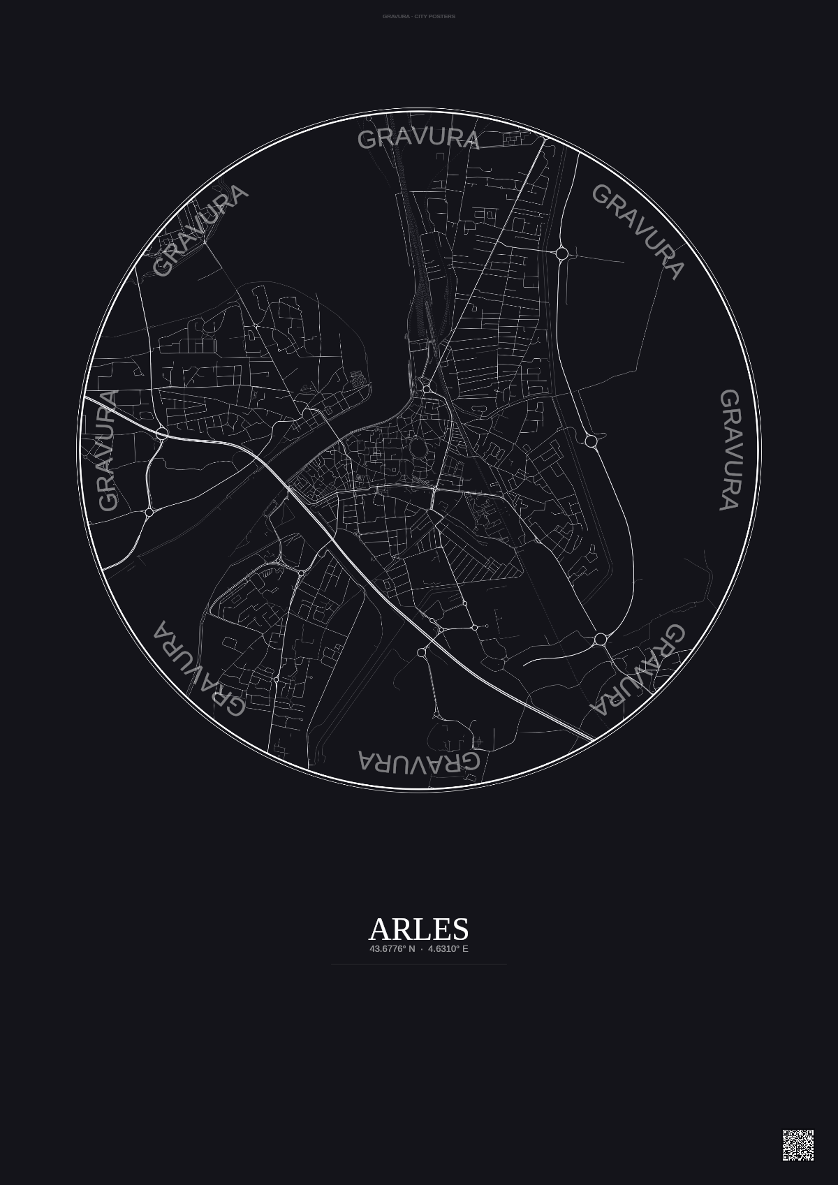Affiche Arles – Poster carte de ville 2.5km | Gravura – Fond foncé