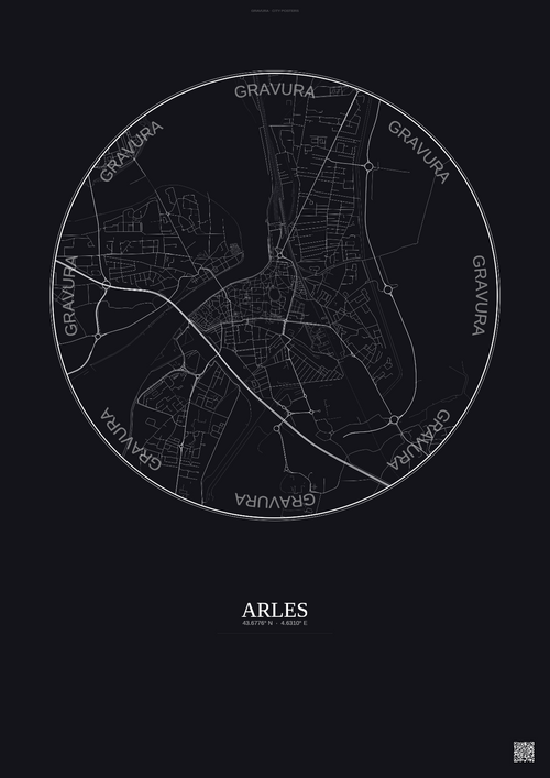 Affiche Arles – Poster carte de ville 2.5km | Gravura – Fond foncé