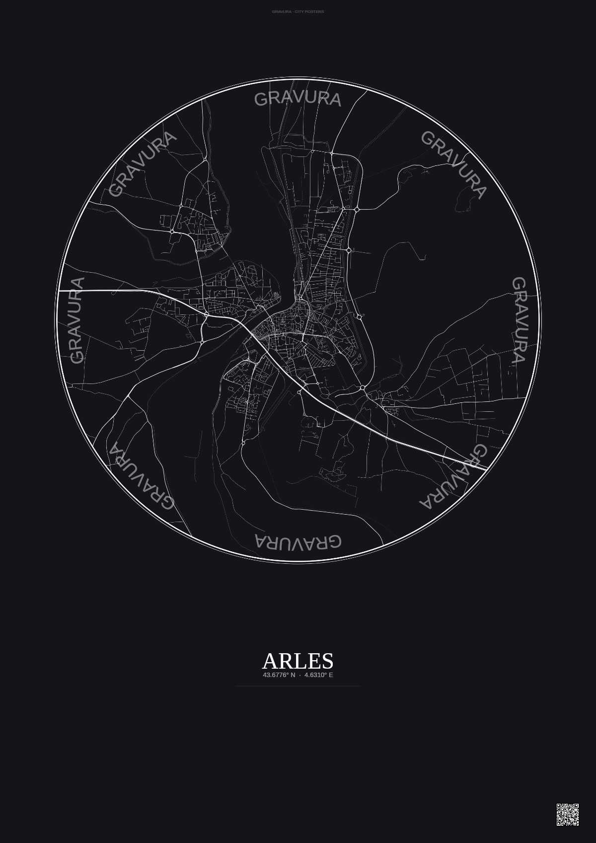 Affiche Arles – Poster carte de ville 5km | Gravura – Fond foncé