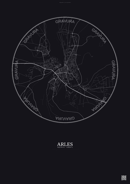 Affiche Arles – Poster carte de ville 5km | Gravura – Fond foncé