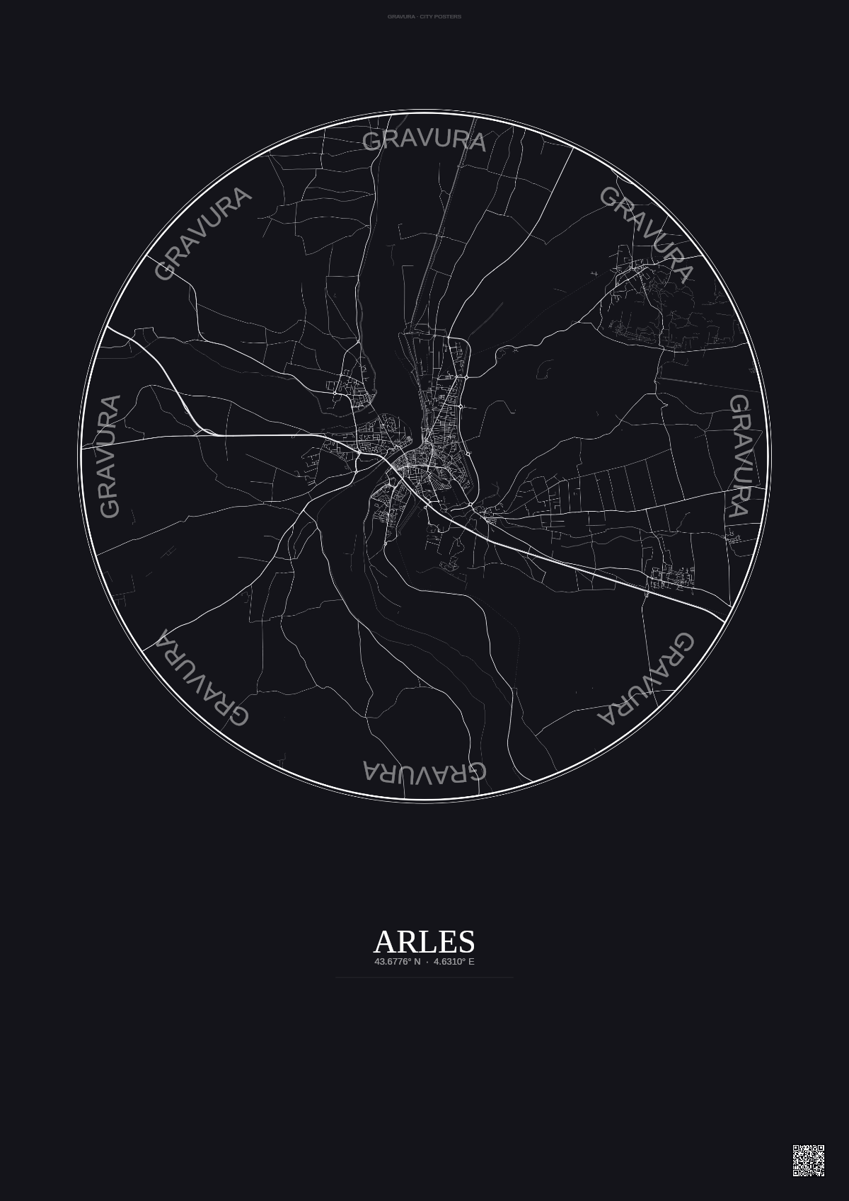 Affiche Arles – Poster carte de ville 10km | Gravura – Fond foncé