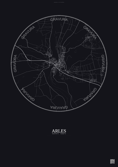 Affiche Arles – Poster carte de ville 10km | Gravura – Fond foncé