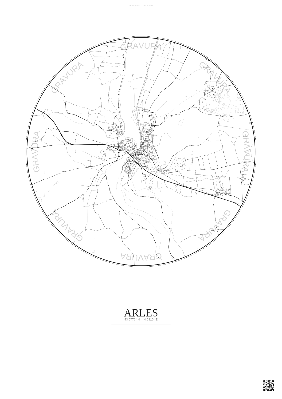 Affiche Arles – Poster carte de ville 10km | Gravura – Fond clair