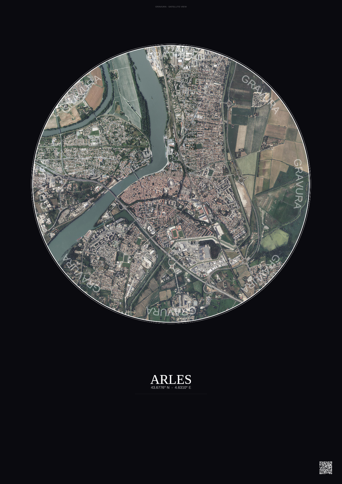 Affiche Arles – Poster vue satellite 2.5km Couleur | Gravura – Fond foncé