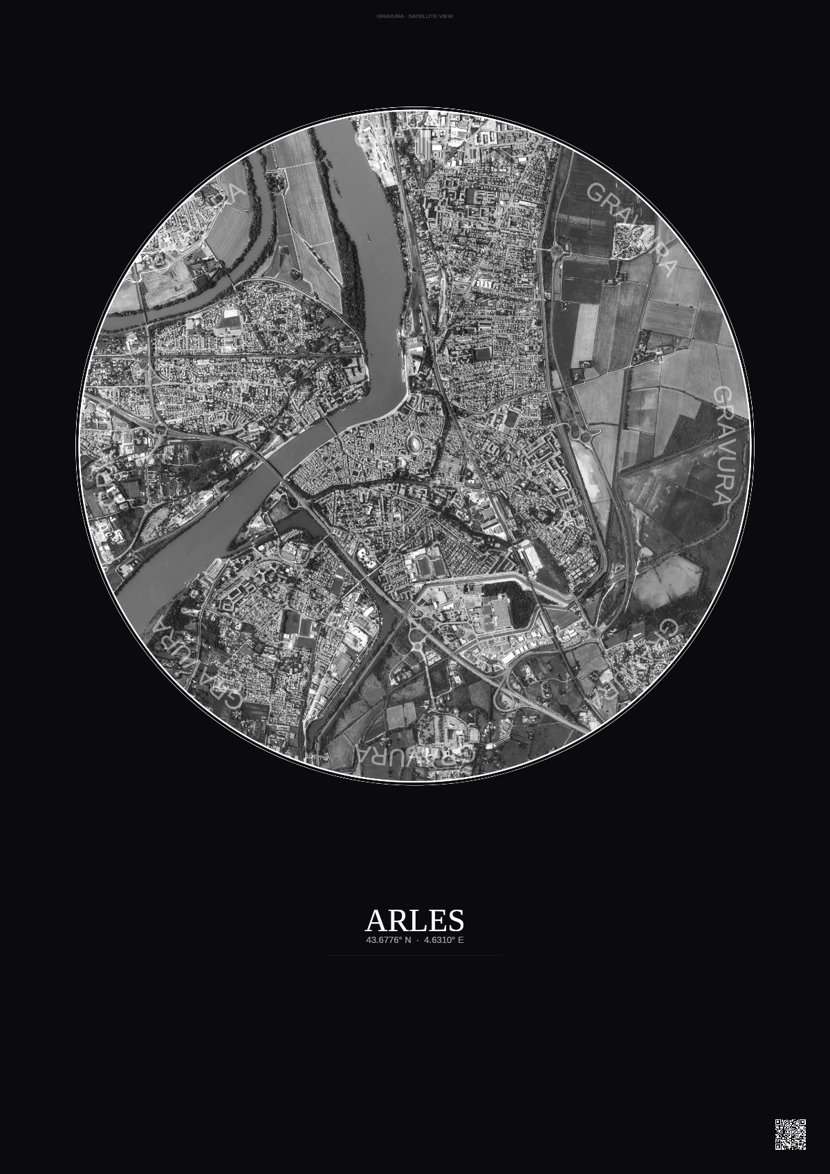 Affiche Arles – Poster vue satellite 2.5km N&B | Gravura – Fond foncé